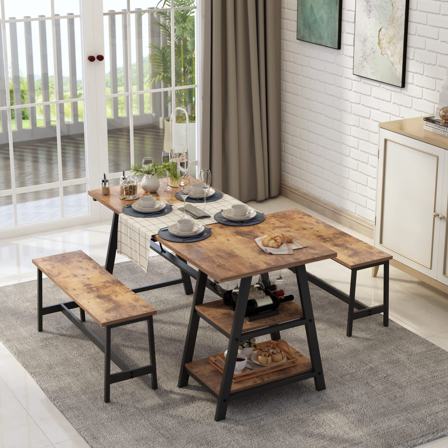 Furniture One 55 Inches Dining Table Set for 3, with Shelf and 2 Benches