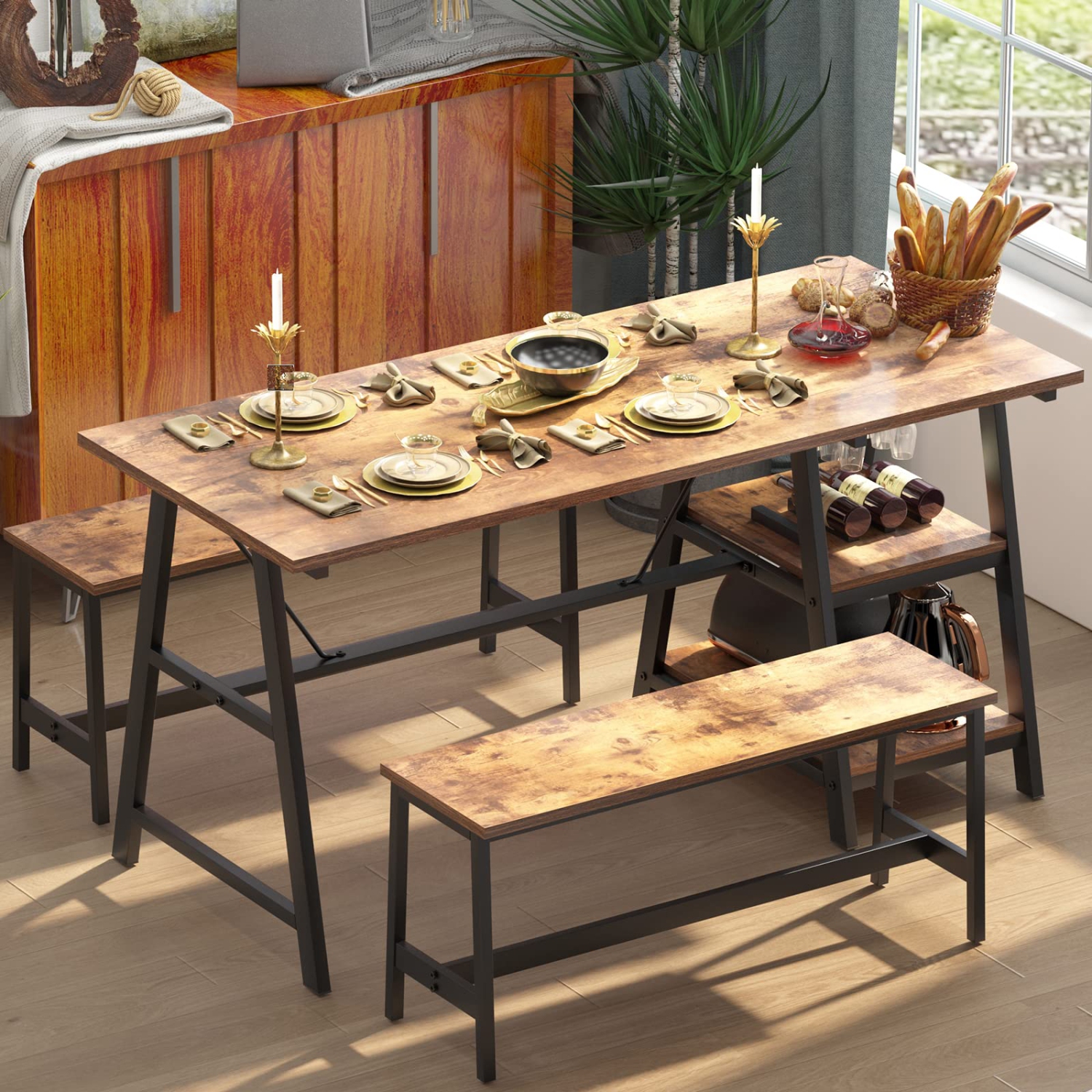 Furniture One 55 Inches Dining Table Set for 3, with Shelf and 2 Benches