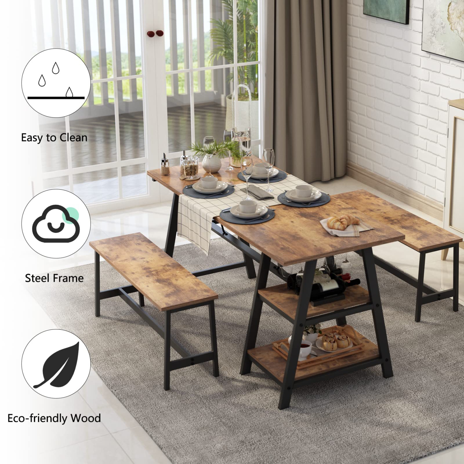 Furniture One 55 Inches Dining Table Set for 3, with Shelf and 2 Benches