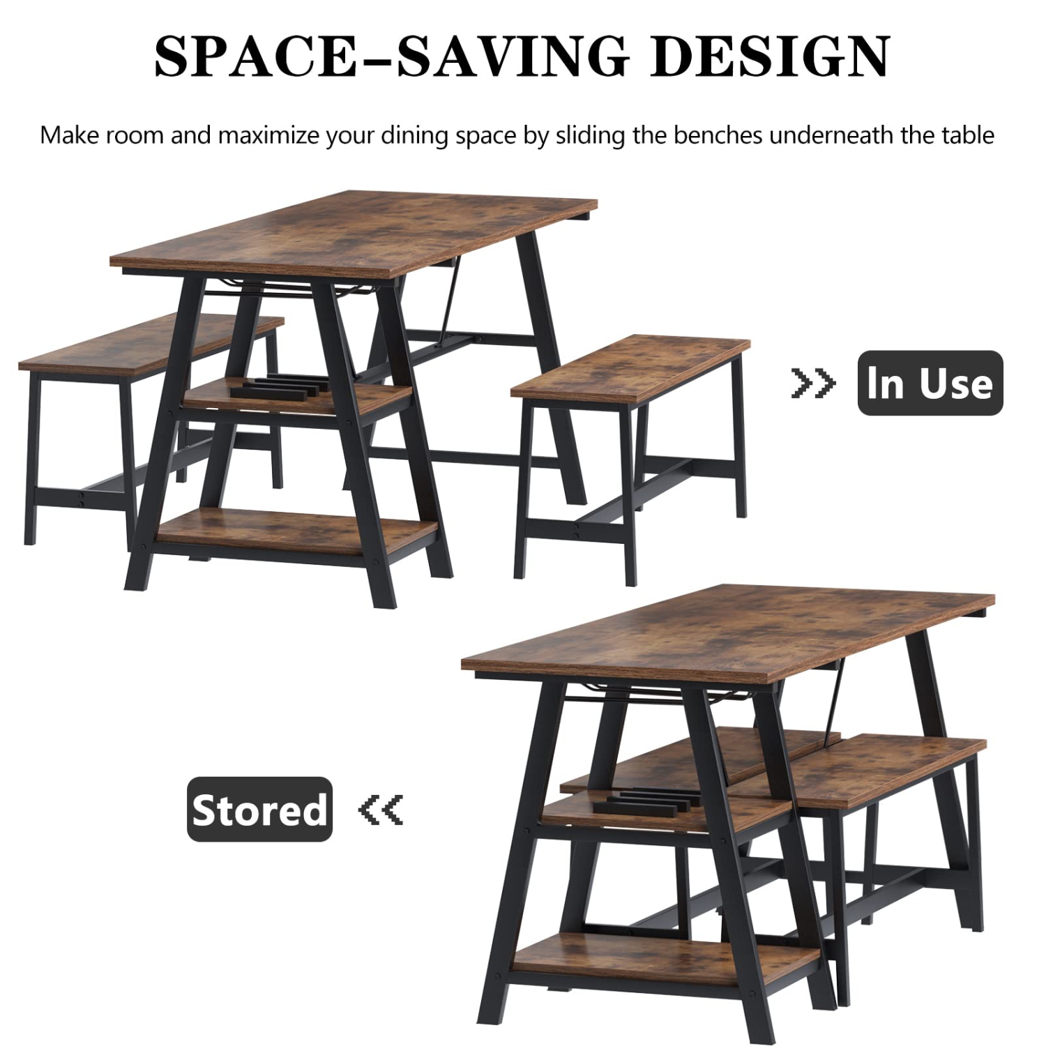 Furniture One 55 Inches Dining Table Set for 3, with Shelf and 2 Benches