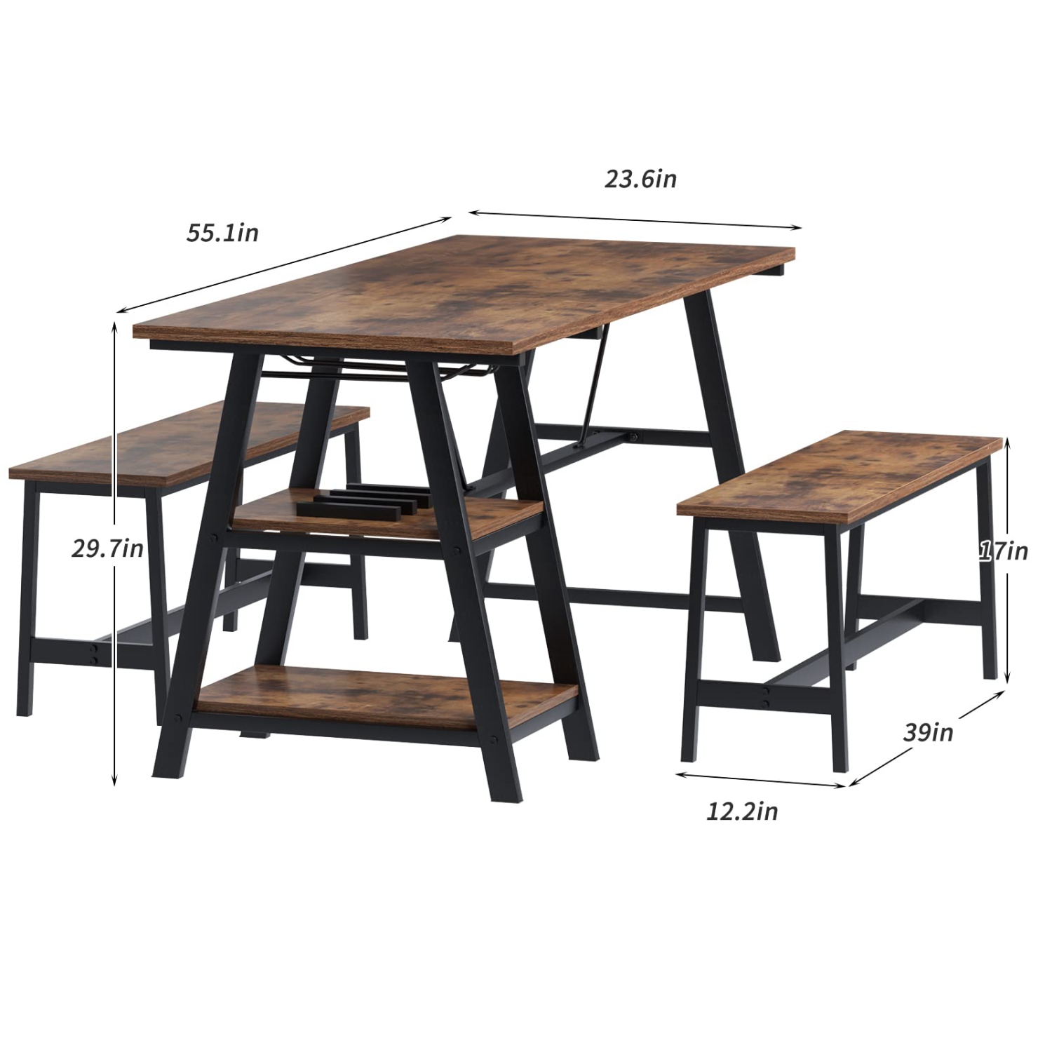 Furniture One 55 Inches Dining Table Set for 3, with Shelf and 2 Benches