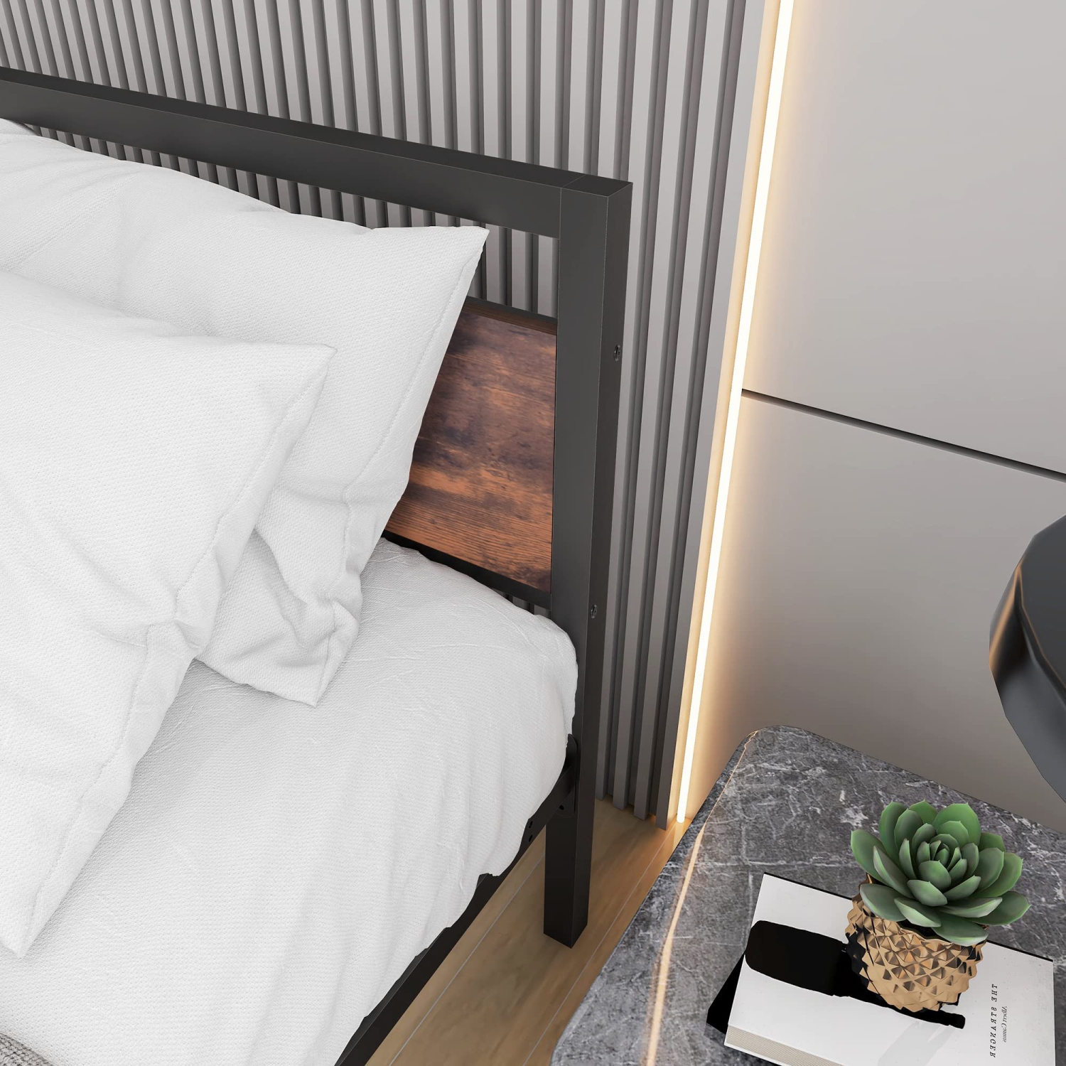 Meubles cadres de grand lit avec tête de lit et pied de lit en bois noir