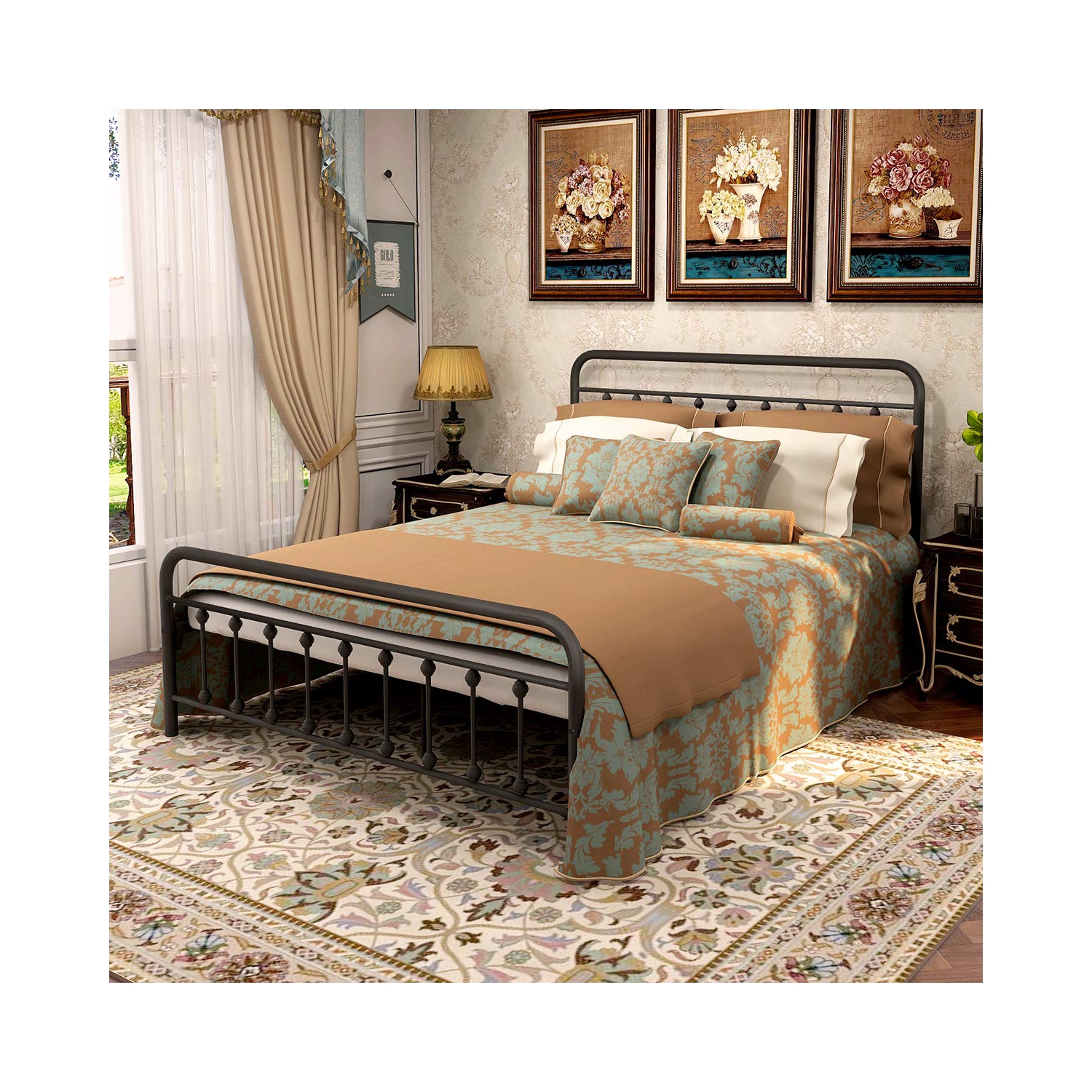 Cadre de grand lit rétro avec tête de lit et pied de lit noirs de Furniture One