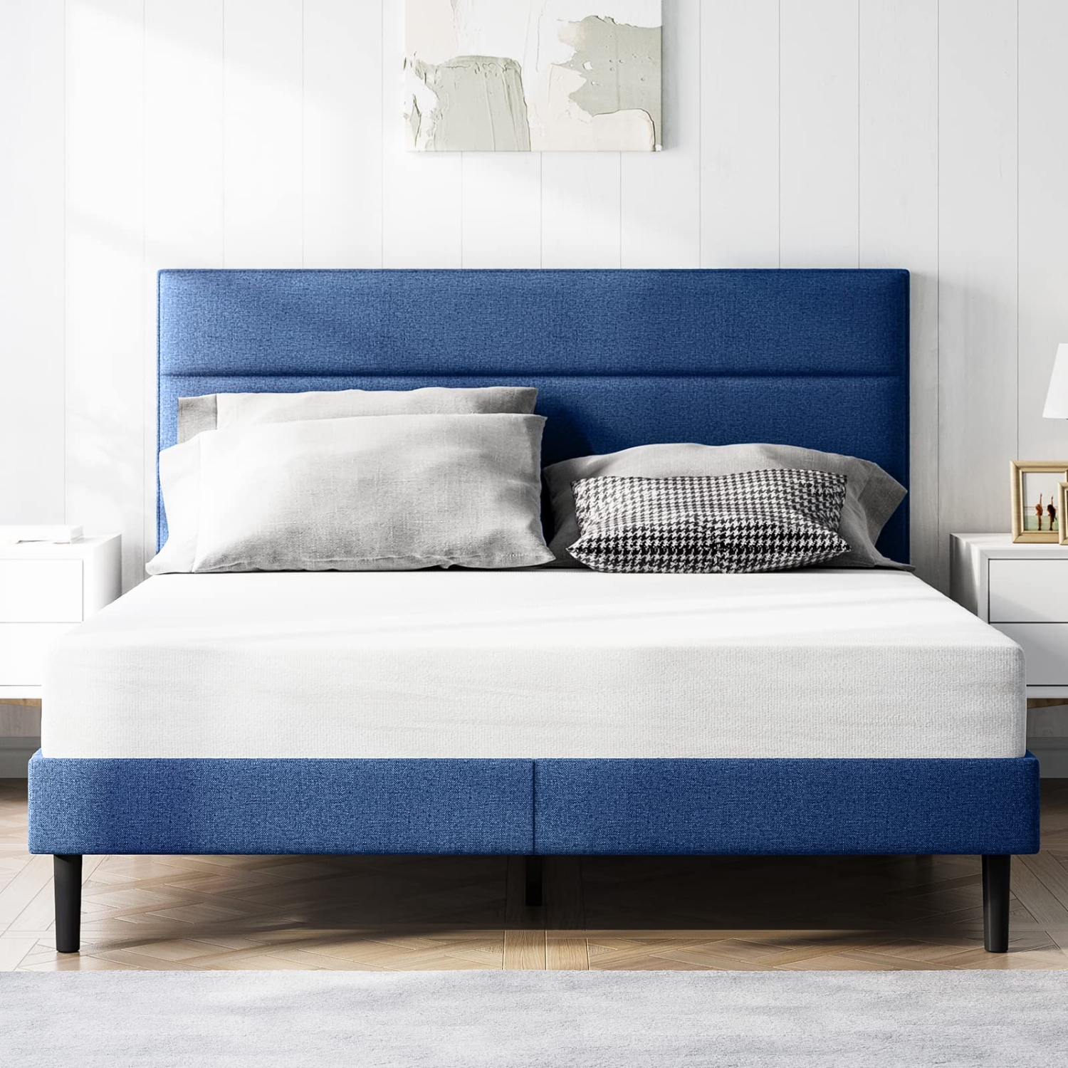 Furniture One Queen Size Bed Frame with Upholstered Headboard Blue