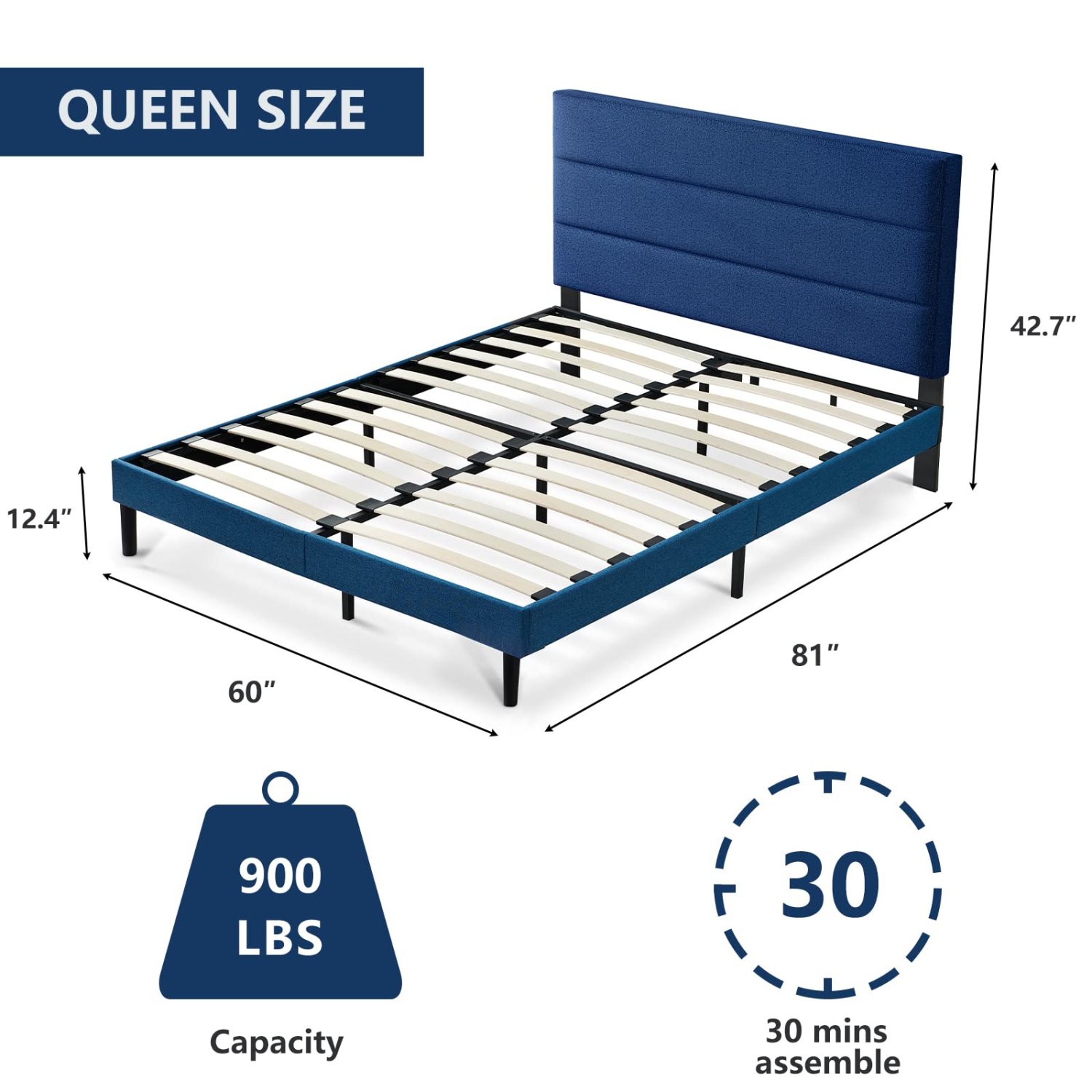 Furniture One Queen Size Bed Frame with Upholstered Headboard Blue