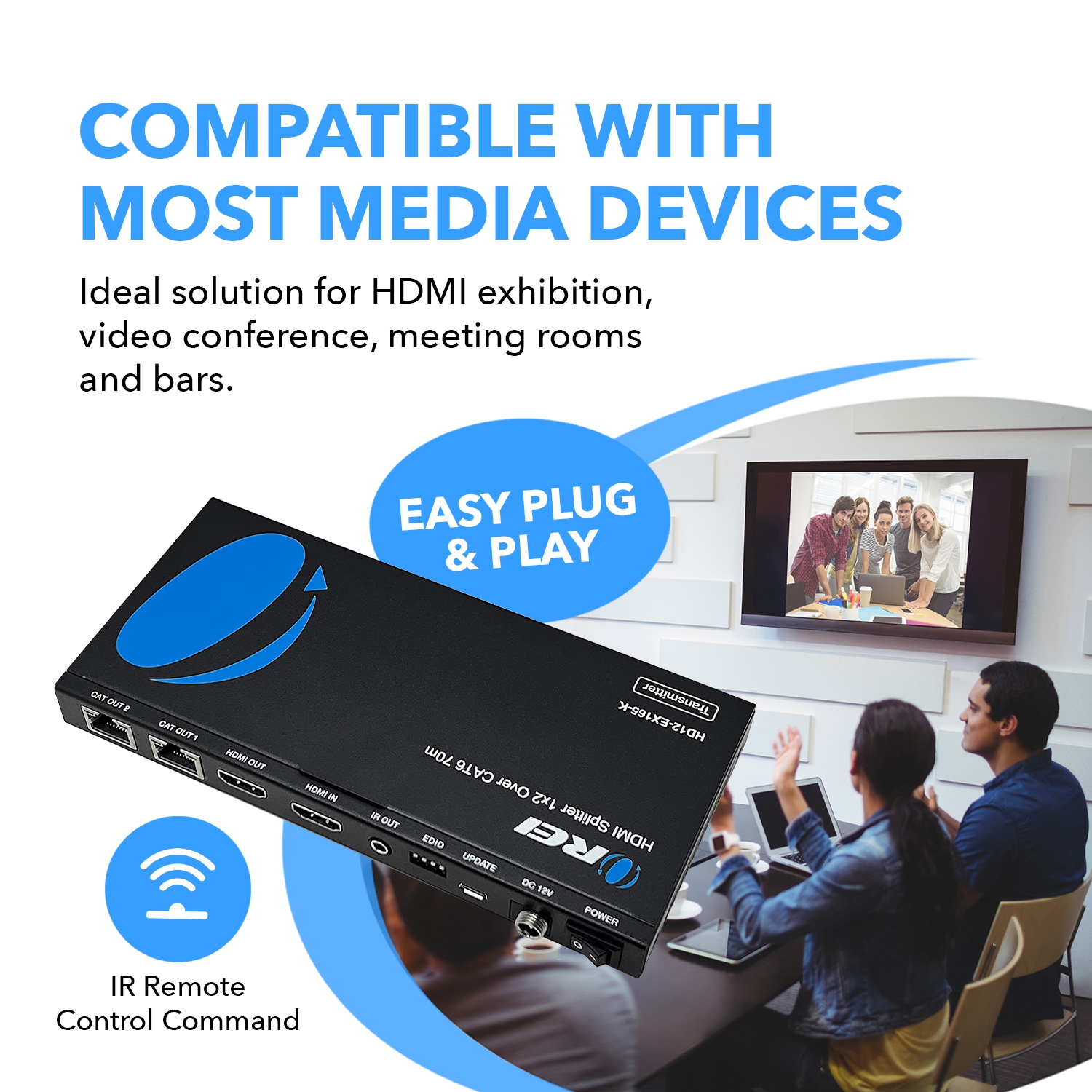 1x2 HDMI Extender Splitter Over CAT6/7 Up to 165 Ft- Loop-Out, IR Control & EDID