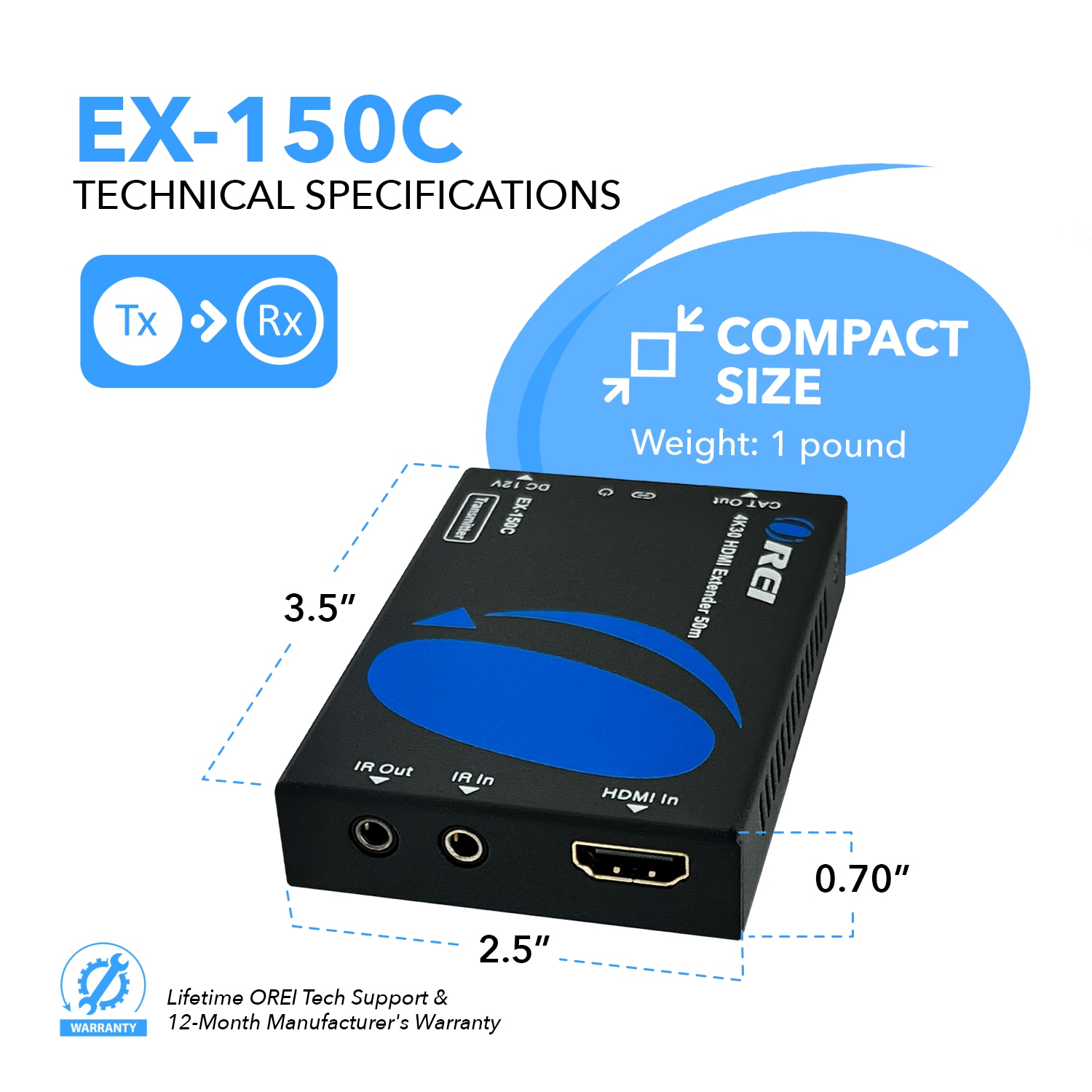 4K HDMI Extender Over CAT6/7 up to 165ft with PoC & Bi-directional IR
