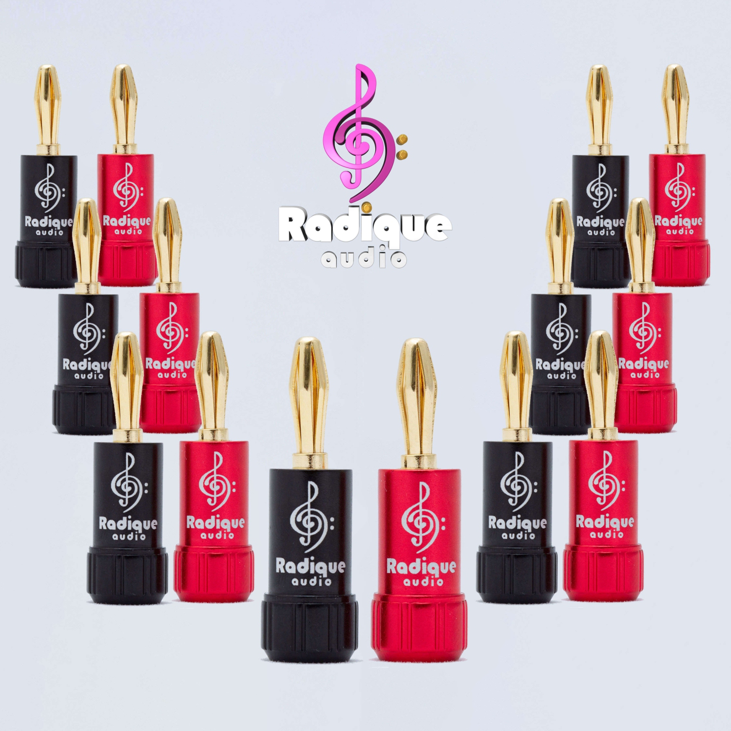 Fiches bananes de Radique Audio – plaquées or, deux vis de pression, 18 à 12 AWG, installation facile - 7 paires