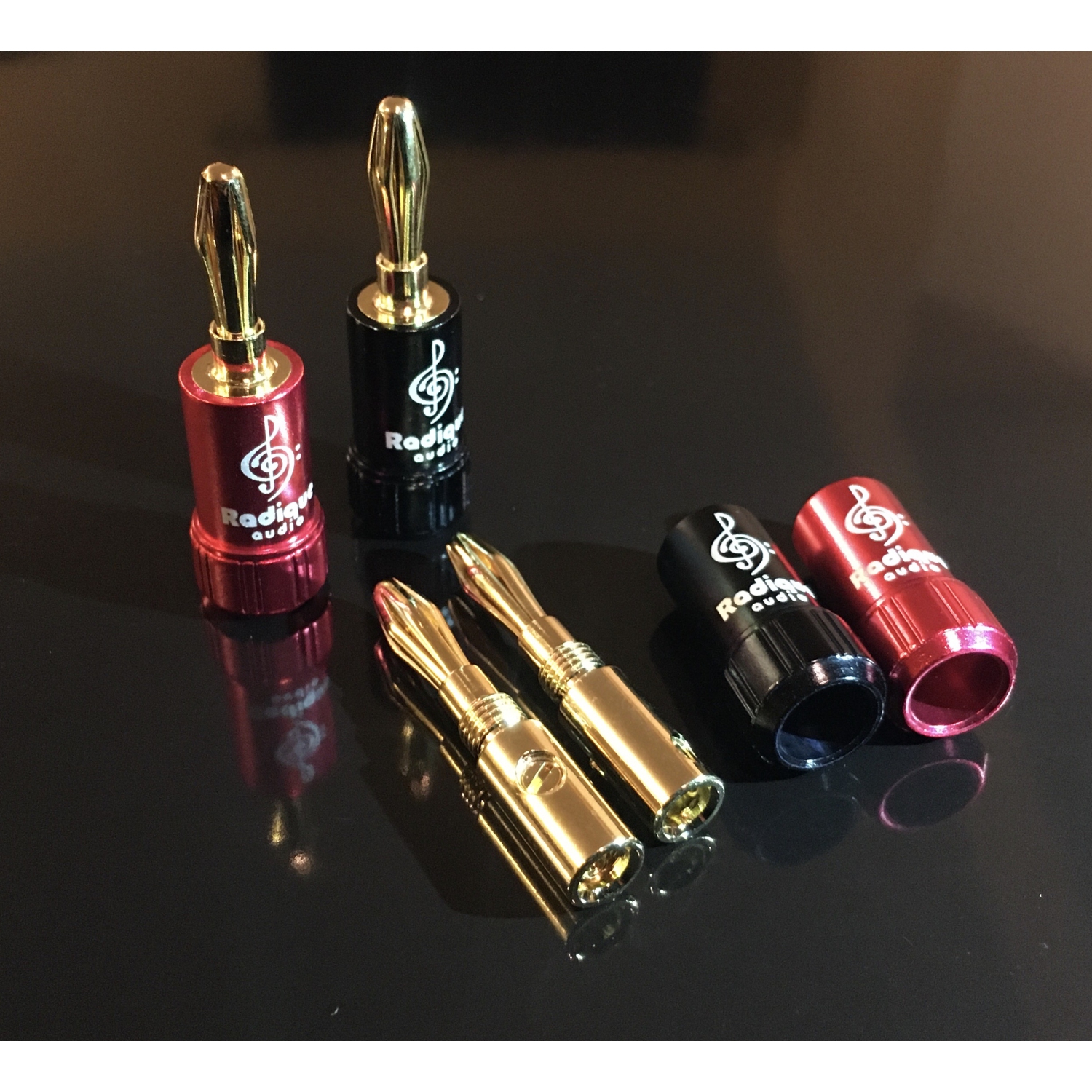 Fiches bananes de Radique Audio – plaquées or, deux vis de pression, 18 à 12 AWG, installation facile - 5 paires