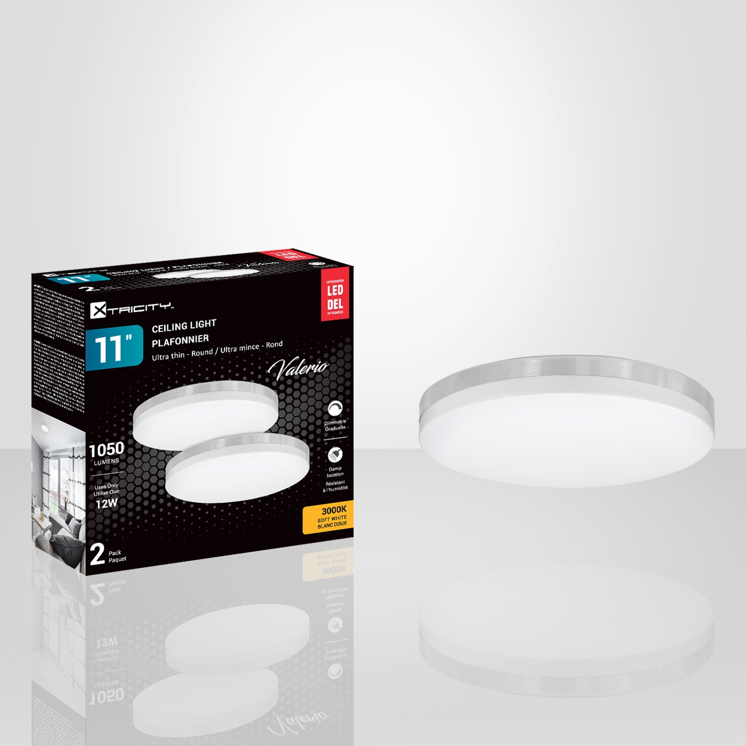 Xtricity - Set of 2 Round Ceiling Lights with Integrated LEDs, 11" Diameter, From the Valerio Collection, Nickel