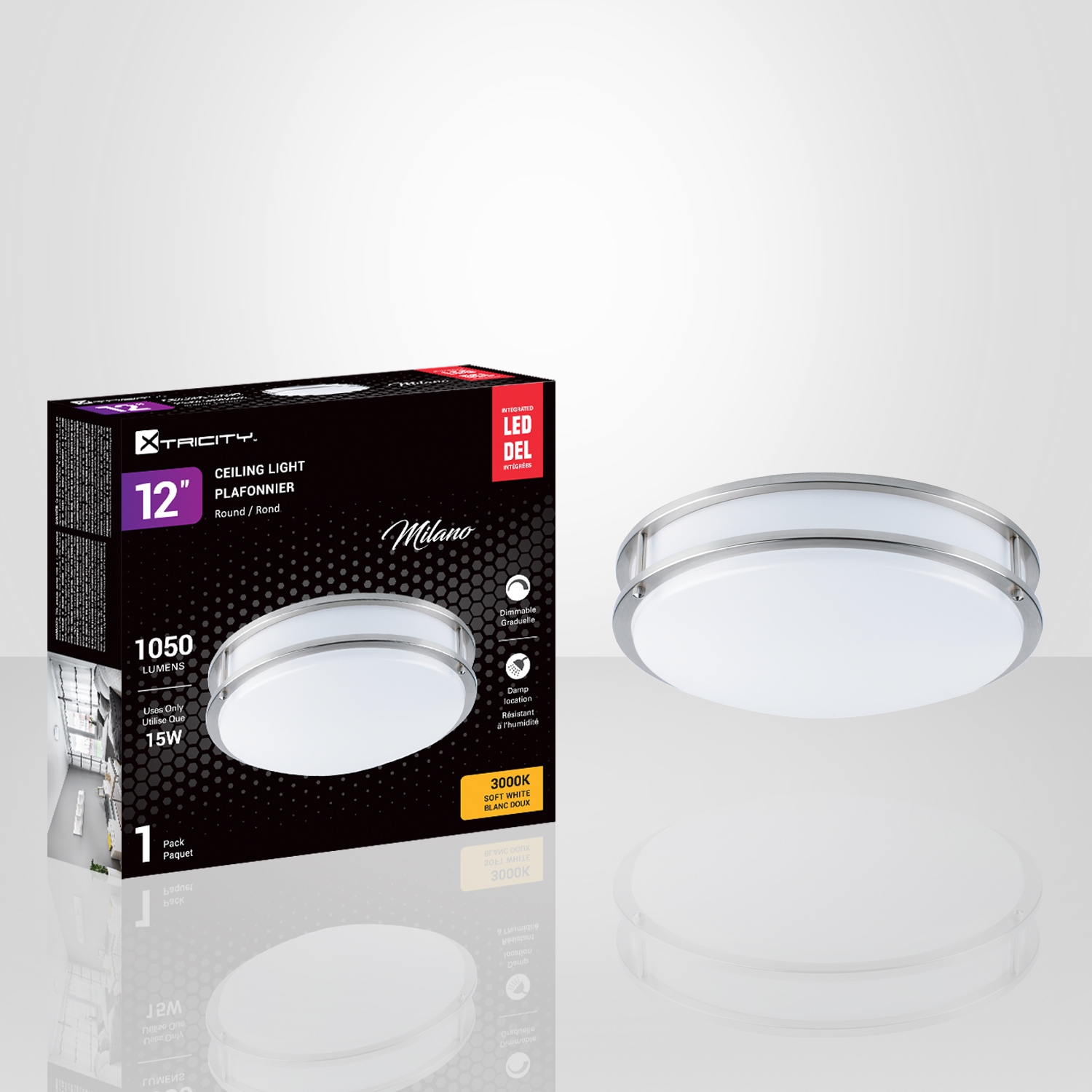 Xtricity - Ceiling Light with Integrated LEDs, 12" Diameter, From the Milano Collection, Nickel