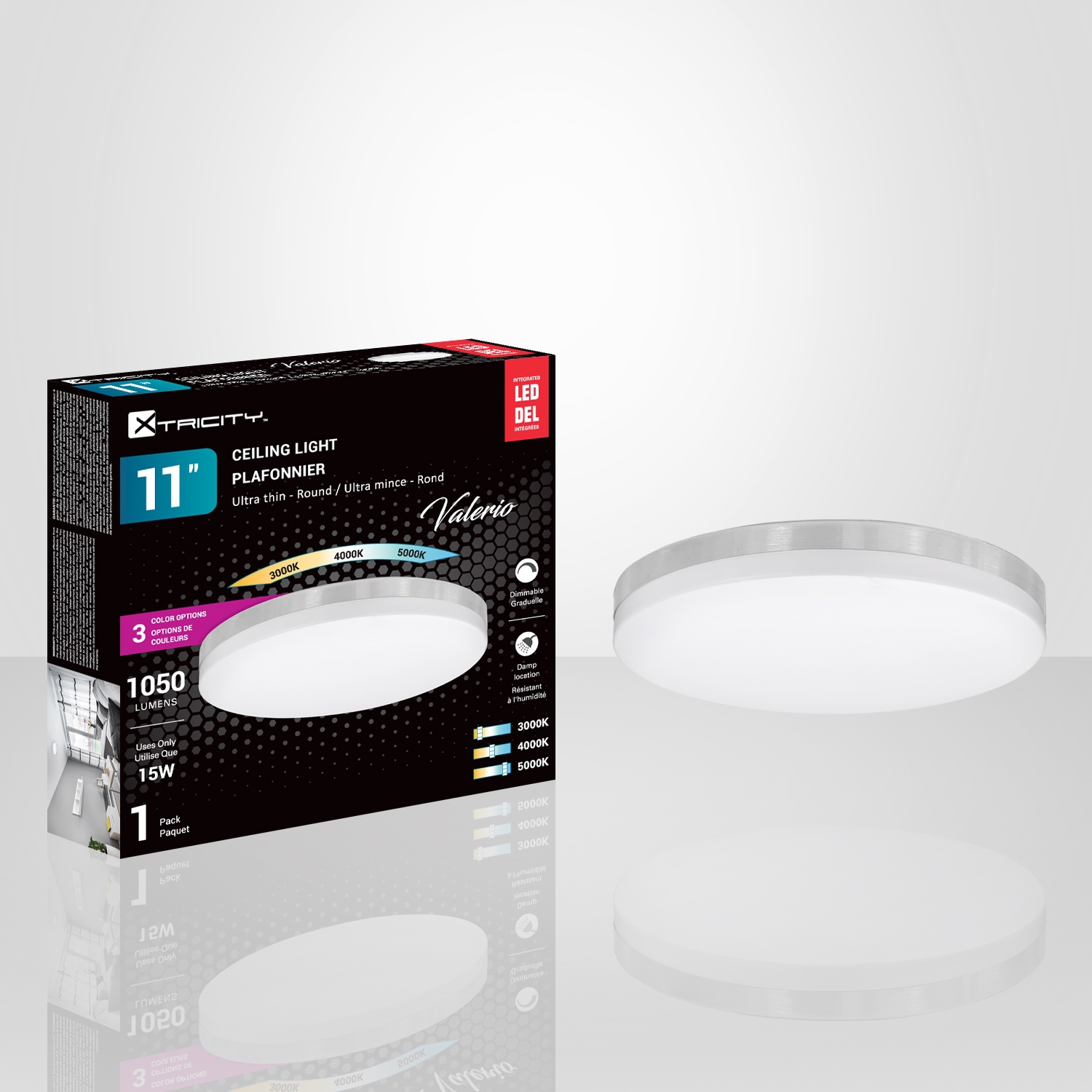 Xtricity - Round Ceiling Light with Integrated LEDs, 11" Diameter, 3 Color Options, From the Valerio Collection, Nickel