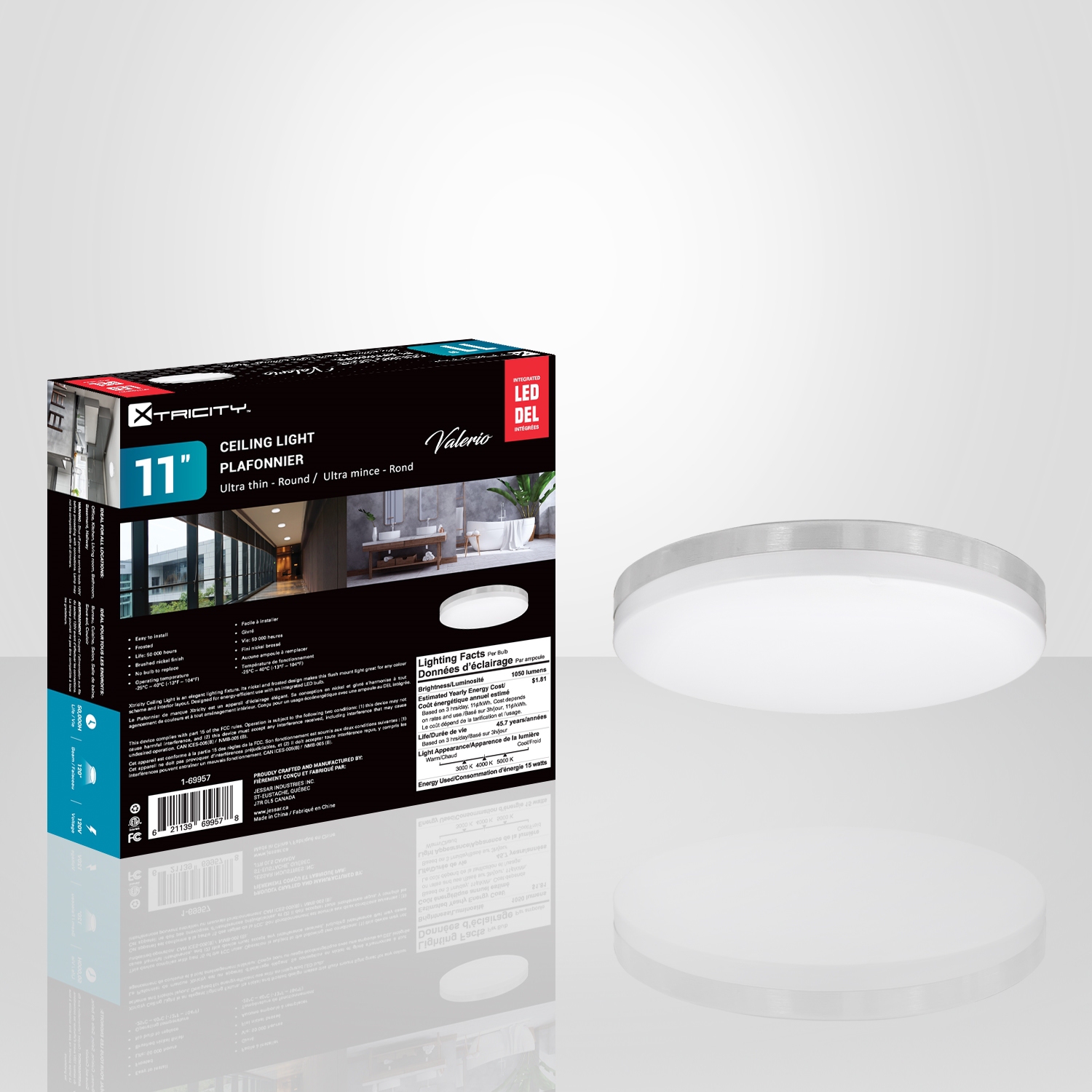 Xtricity - Round Ceiling Light with Integrated LEDs, 11" Diameter, 3 Color Options, From the Valerio Collection, Nickel