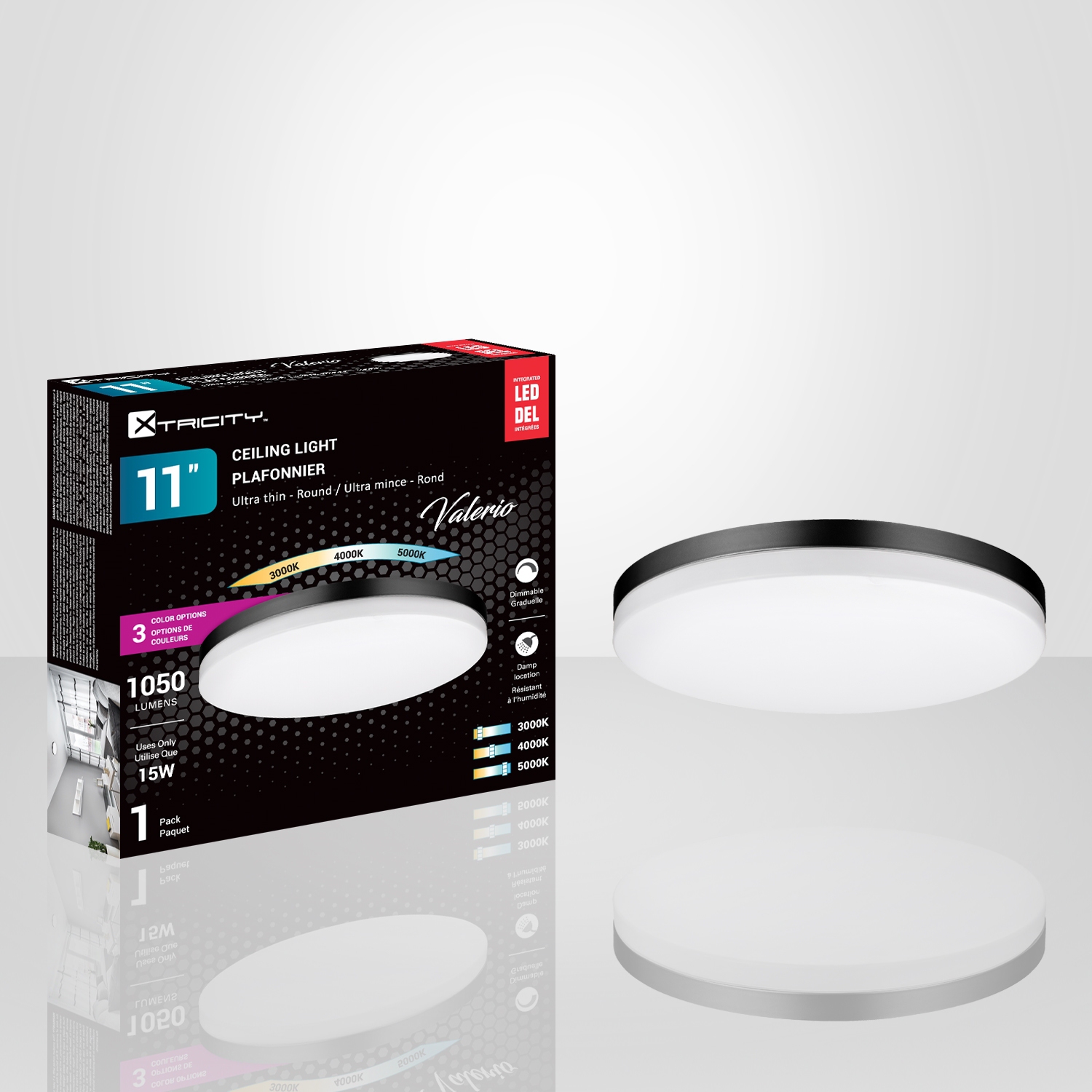 Xtricity - Plafonnier Rond avec DEL Intégrées, Diamètre de 11", 3 Options de Couleurs, De la Collection Valerio, Noir