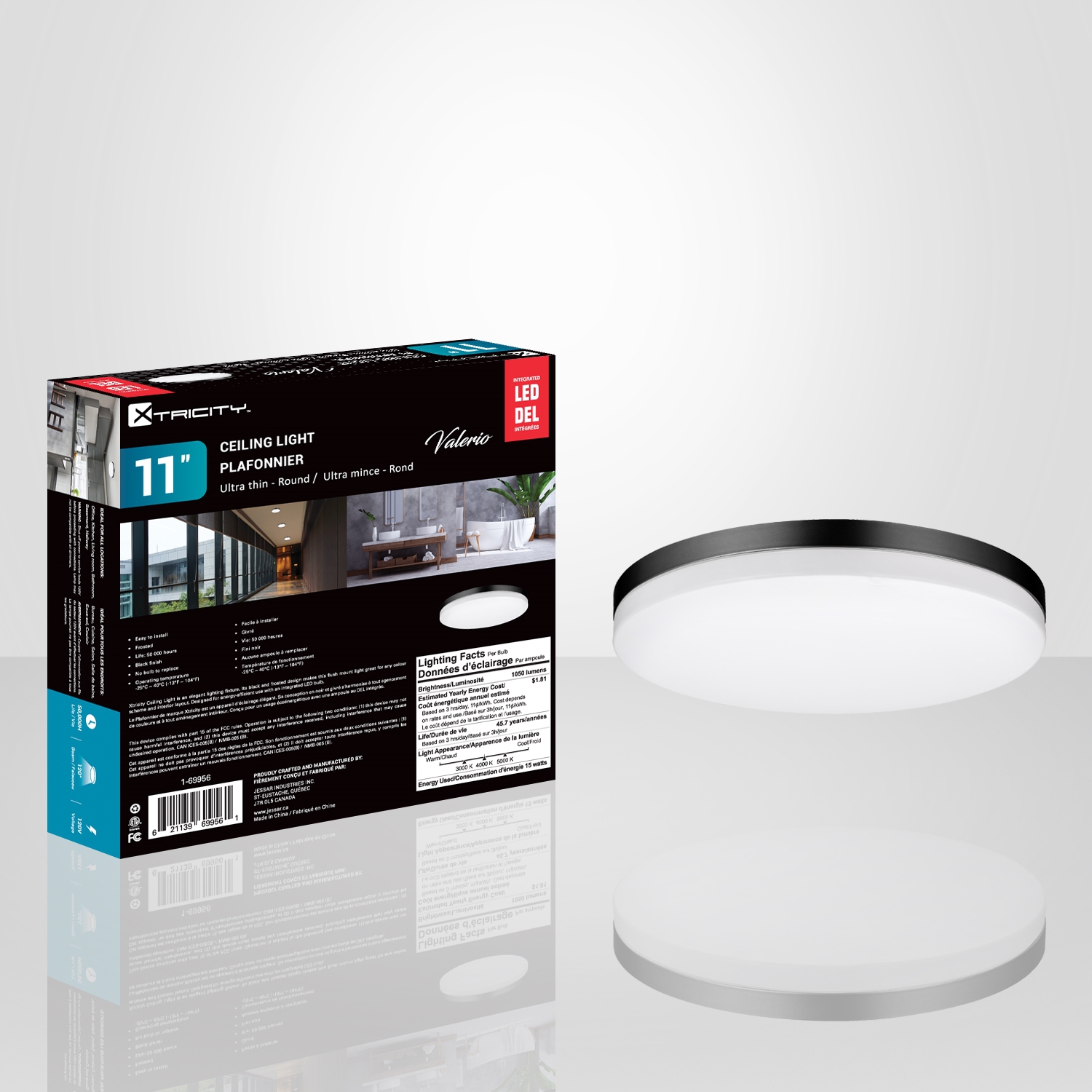 Xtricity - Plafonnier Rond avec DEL Intégrées, Diamètre de 11", 3 Options de Couleurs, De la Collection Valerio, Noir