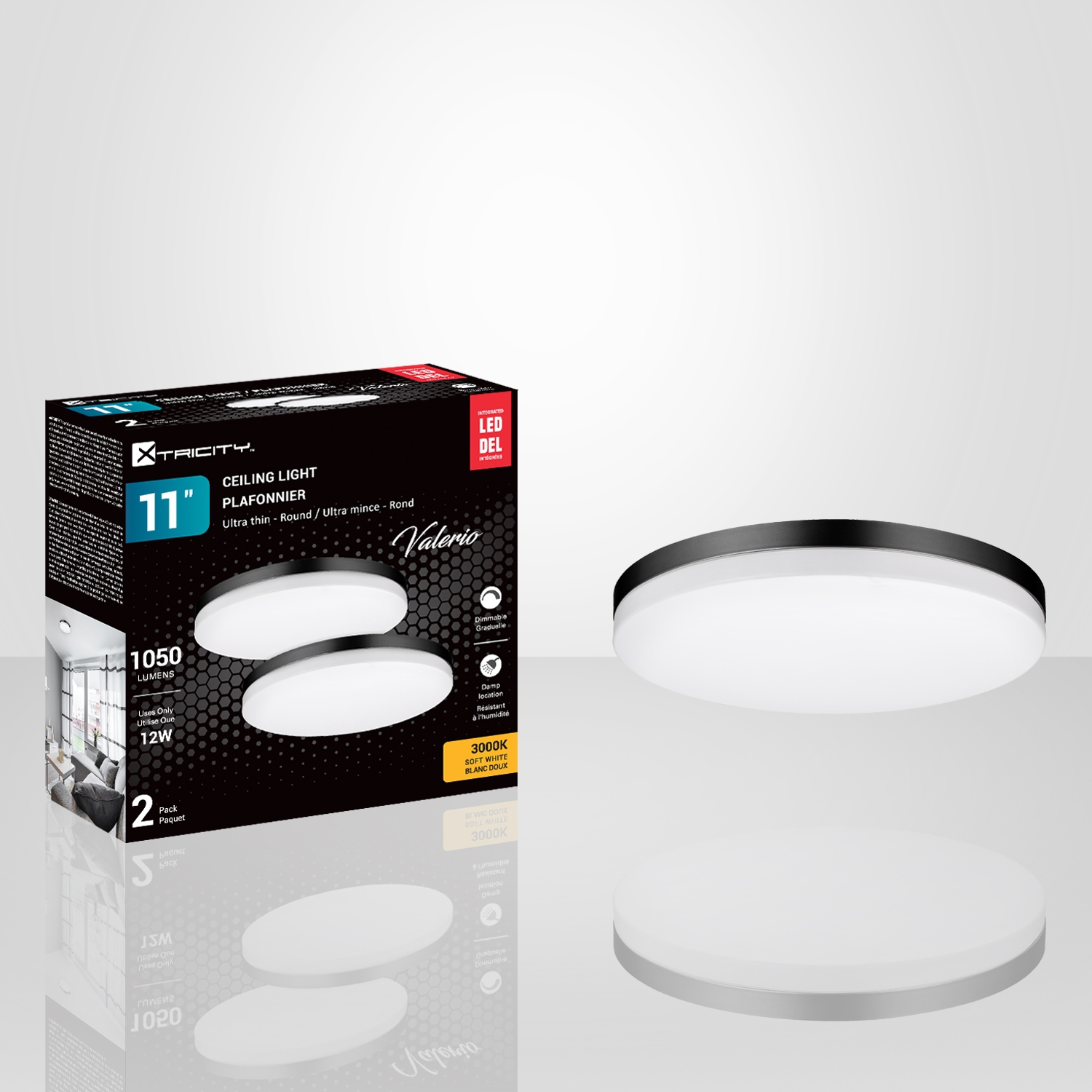 Xtricity - Set of 2 Round Ceiling Lights with Integrated LEDs, 11" Diameter, From the Valerio Collection, Black