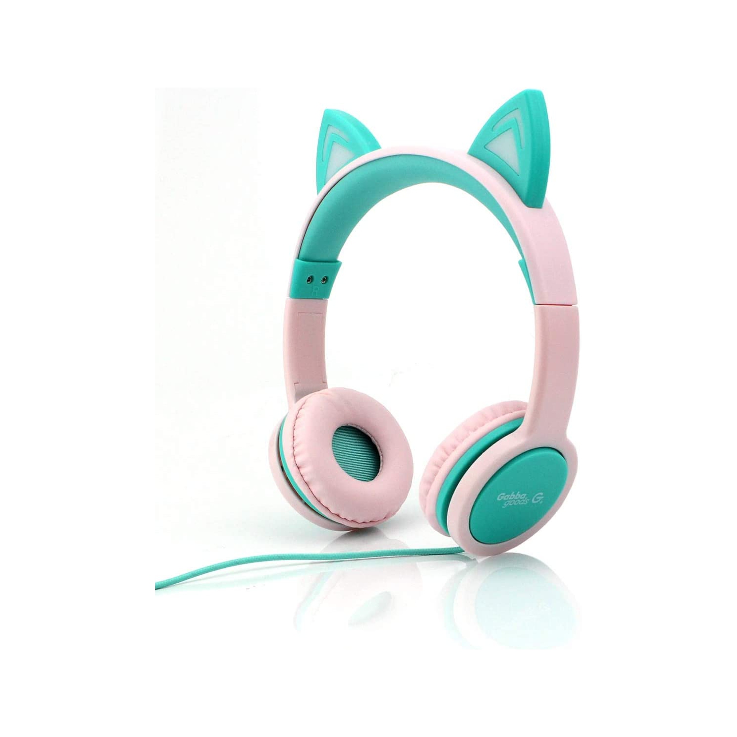 Gabba Goods Premium Kid's/Children's Safe Sound LED Light Up in The Dark Cat Over The Ear Comfort Padded Stereo Headphones with AUX Cable | Earphones - 85 Decibels(Green)