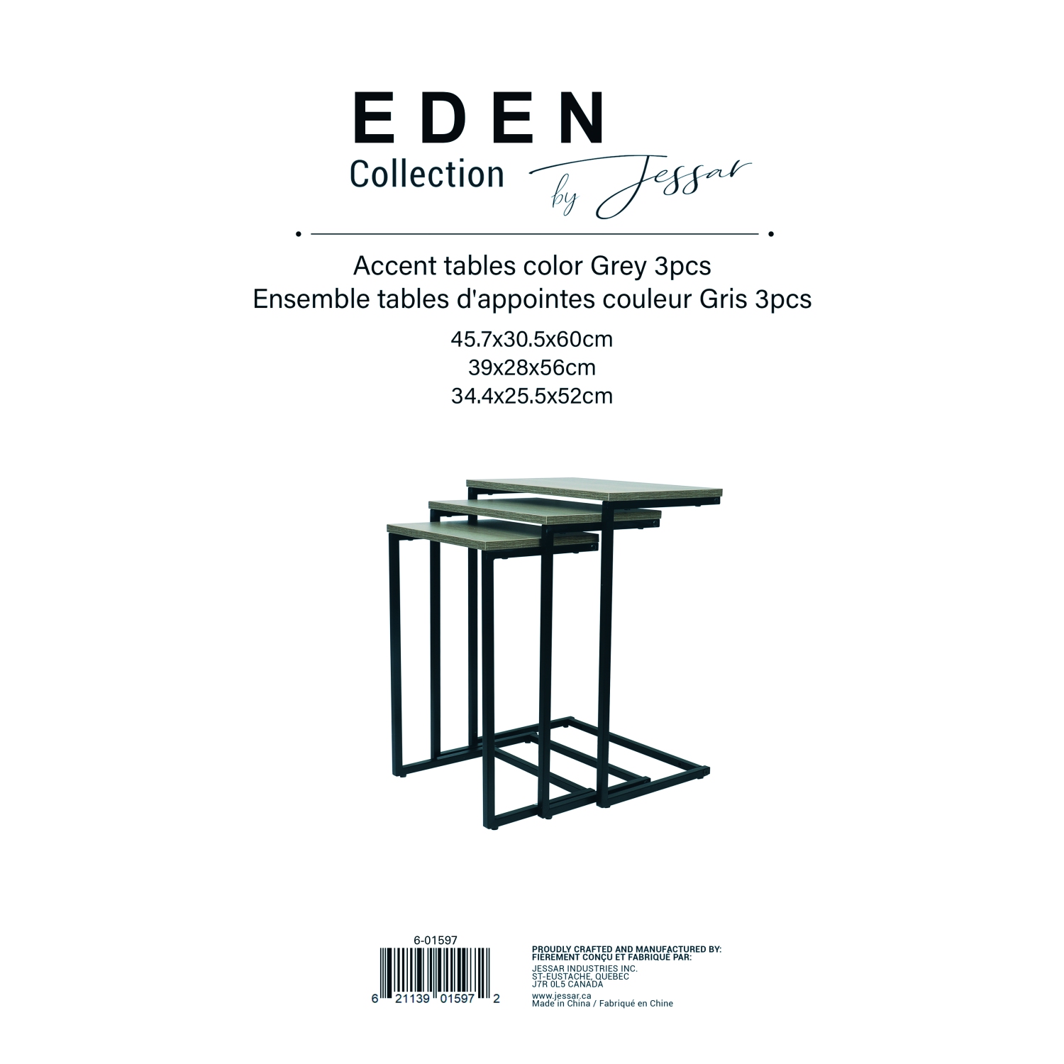 Jessar - Set of 3 Side Tables, From the Eden Collection, Grey Wood Grain