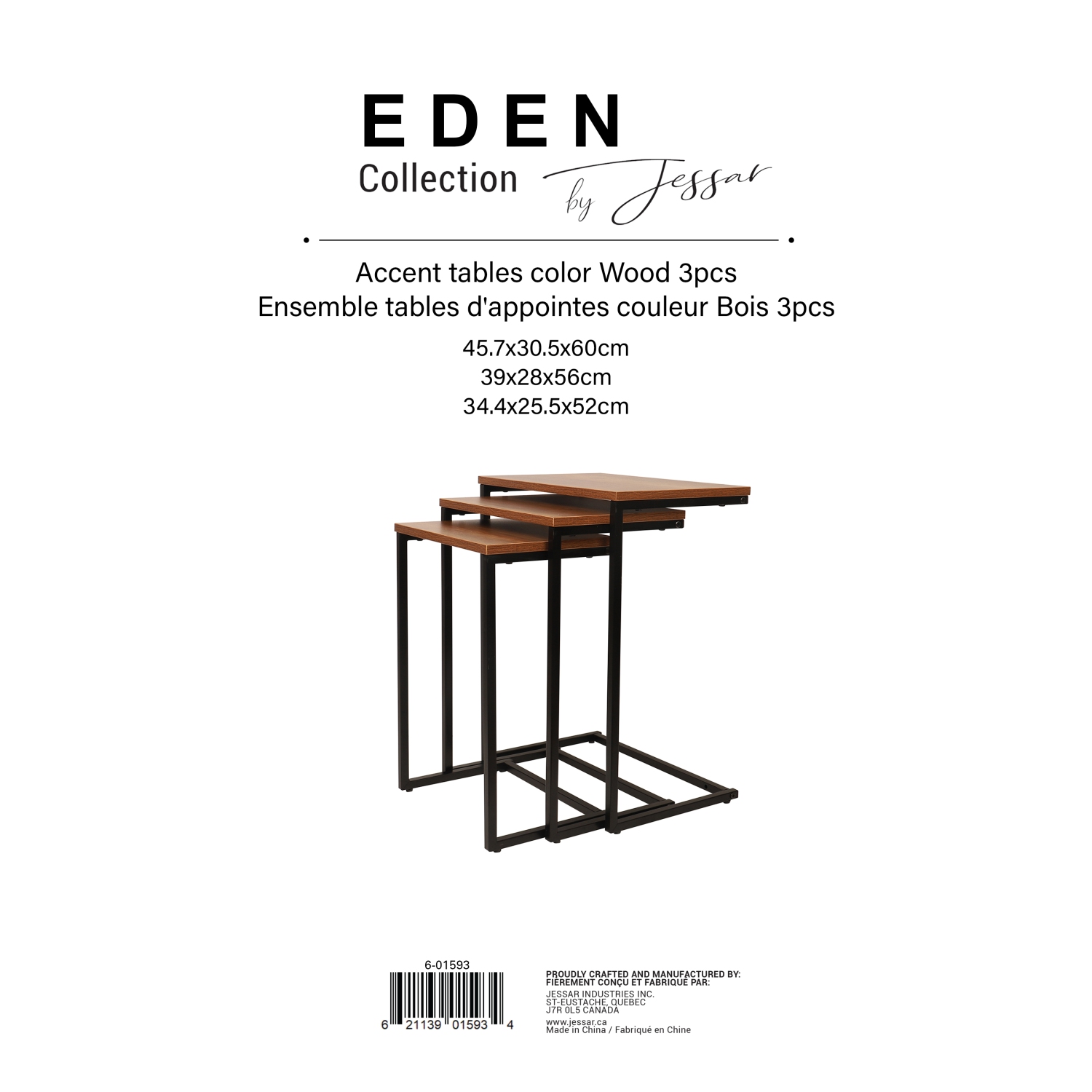 Jessar - Set of 3 Side Tables, From the Eden Collection, Brown Wood Grain