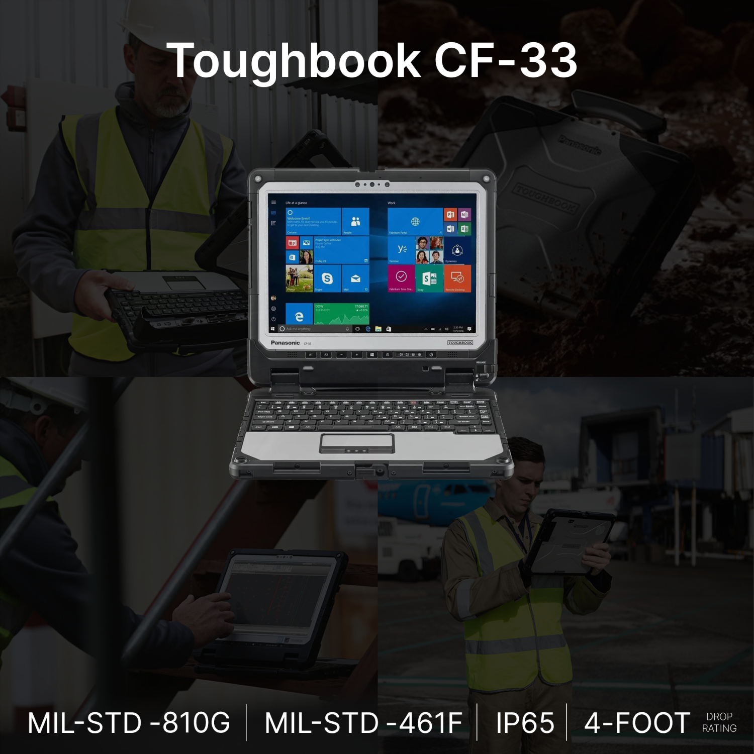 Refurbished - Panasonic Toughbook CF-33, Rugged 2-in-1 Laptop, 12" QHD Multi-Touch, Core i5-6300U 2.40GHz, 16GB, 256GB, 4G LTE, Backlit Keyboard,
