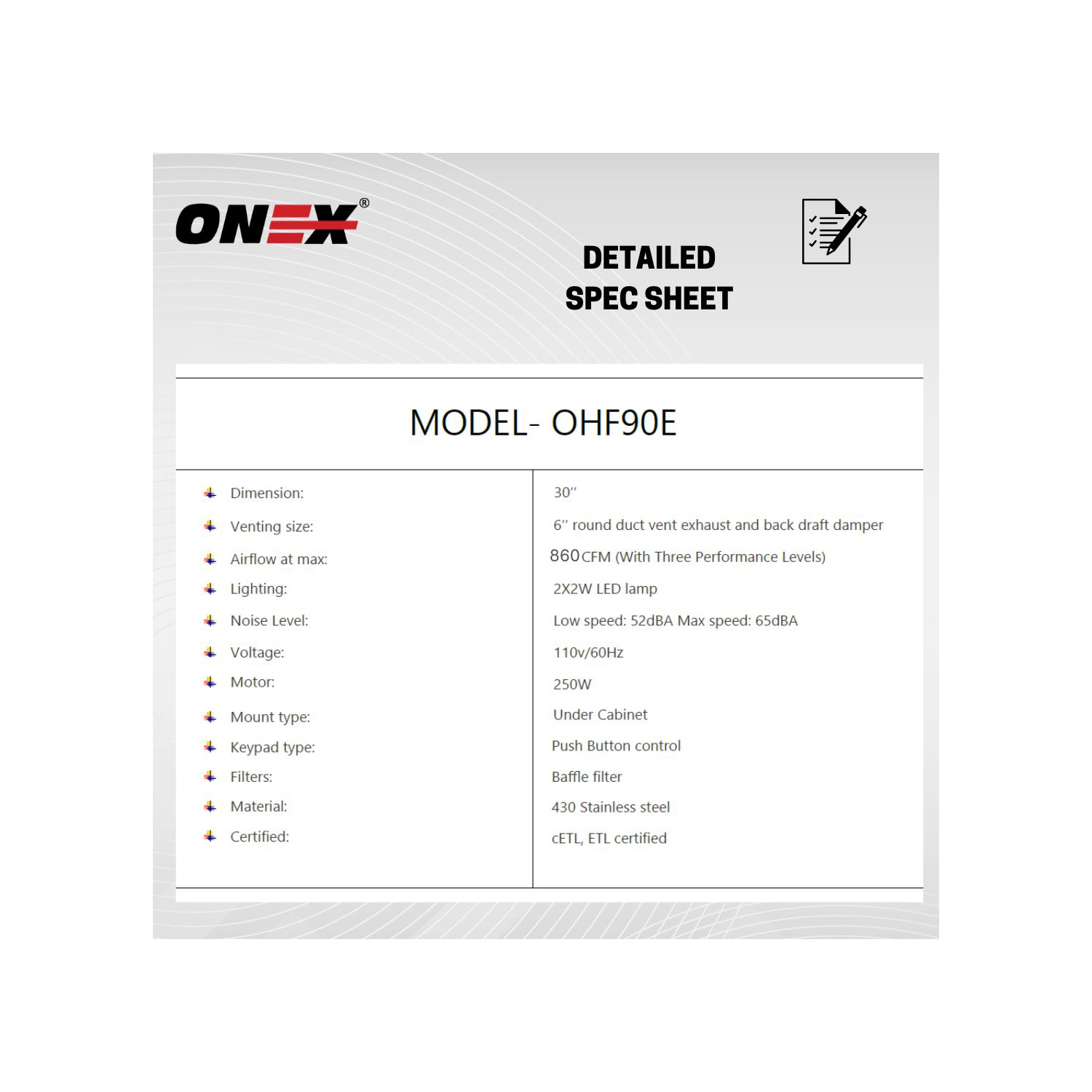 ONEX® OHF90E Stainless Steel Under Cabinet 30 inch Range Hood.