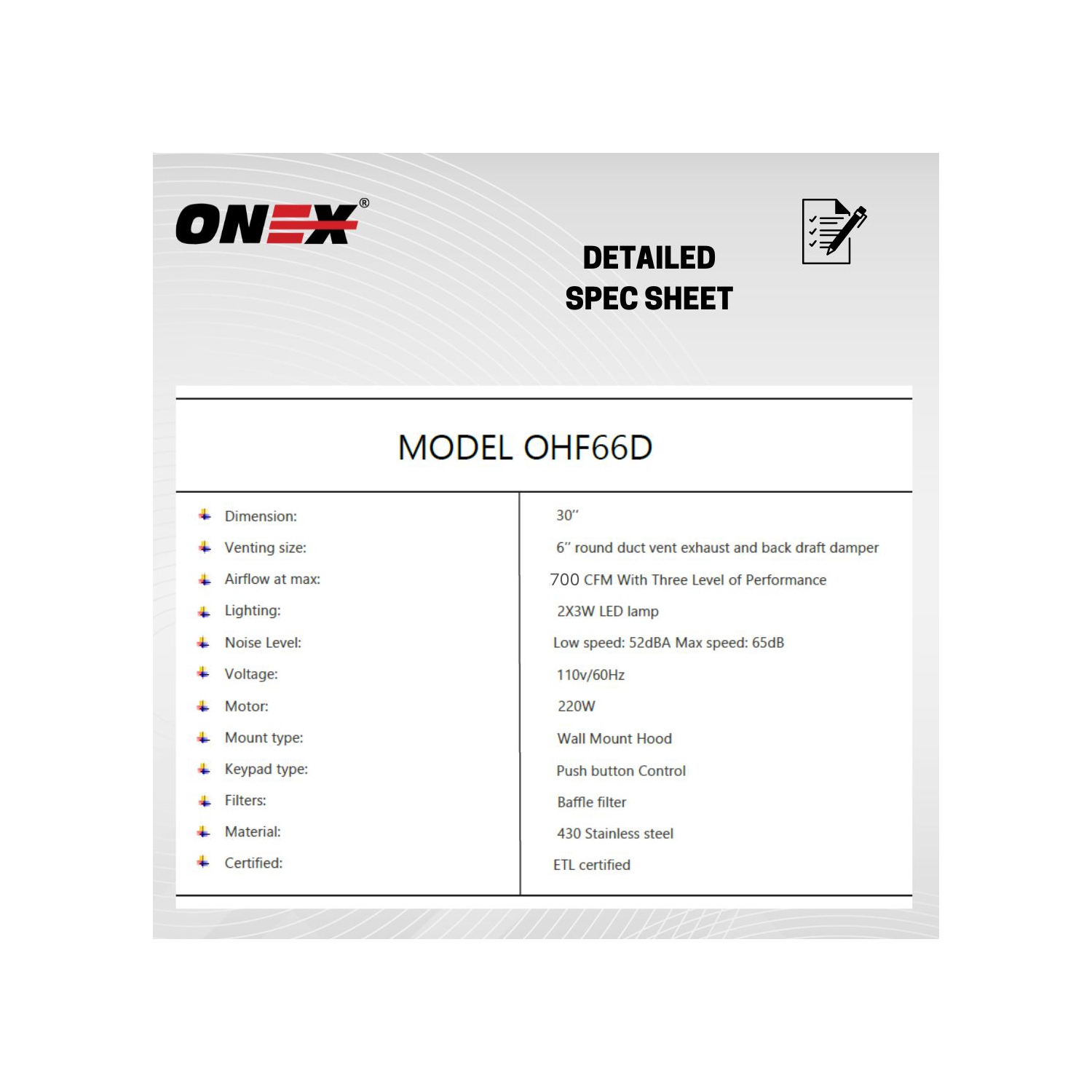 ONEX® OHF66D Stainless Steel Wall Mount 30 inch Range Hood.