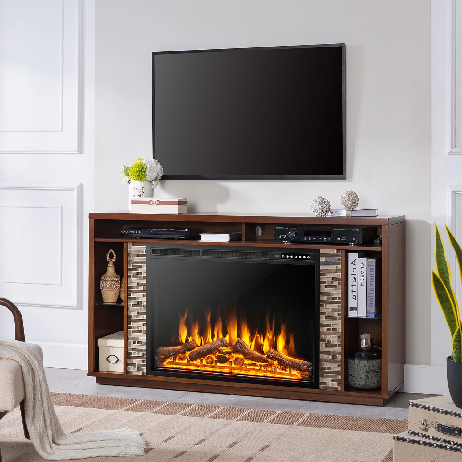 Costway 34"Electric Fireplace Insert Heater Log Flame Effect w/ Remote Control 1500W
