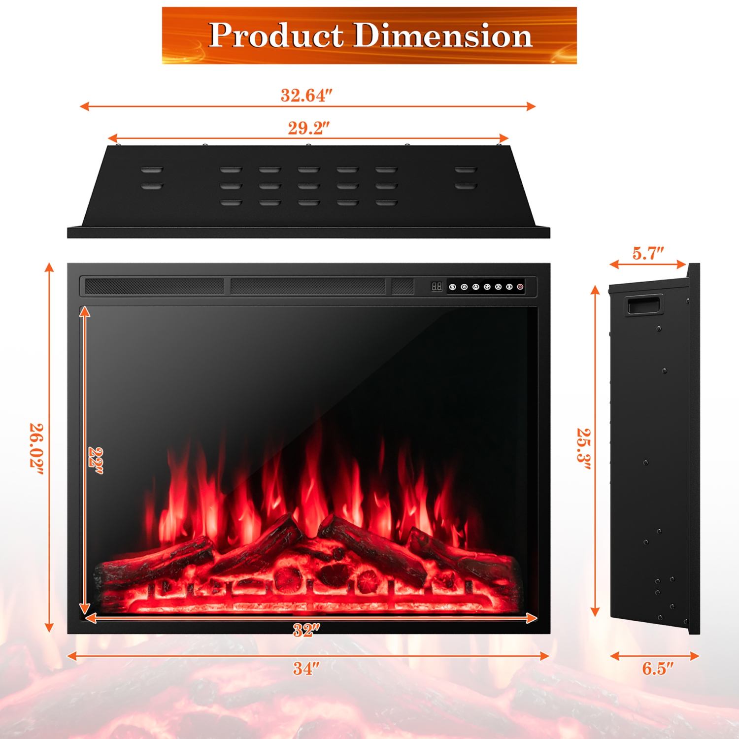 Costway 34"Electric Fireplace Insert Heater Log Flame Effect w/ Remote Control 1500W