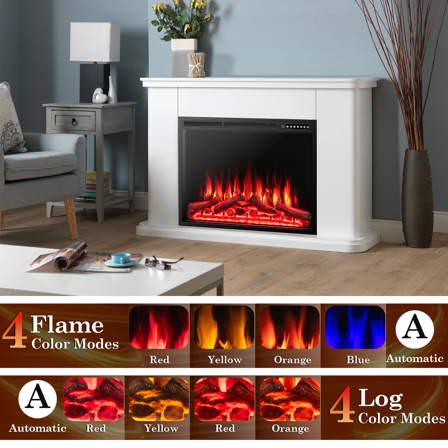 Costway 34"Electric Fireplace Insert Heater Log Flame Effect w/ Remote Control 1500W