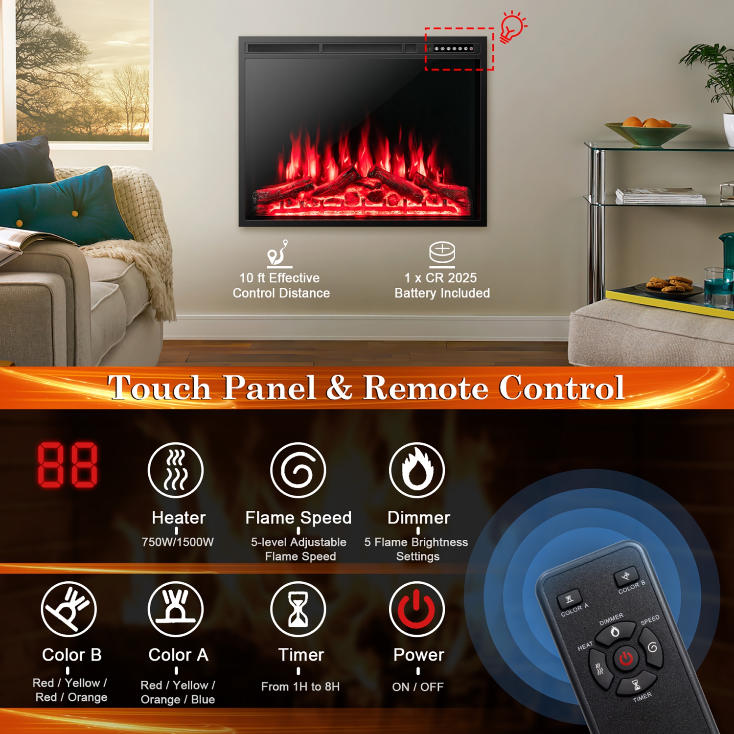 Costway 34"Electric Fireplace Insert Heater Log Flame Effect w/ Remote Control 1500W