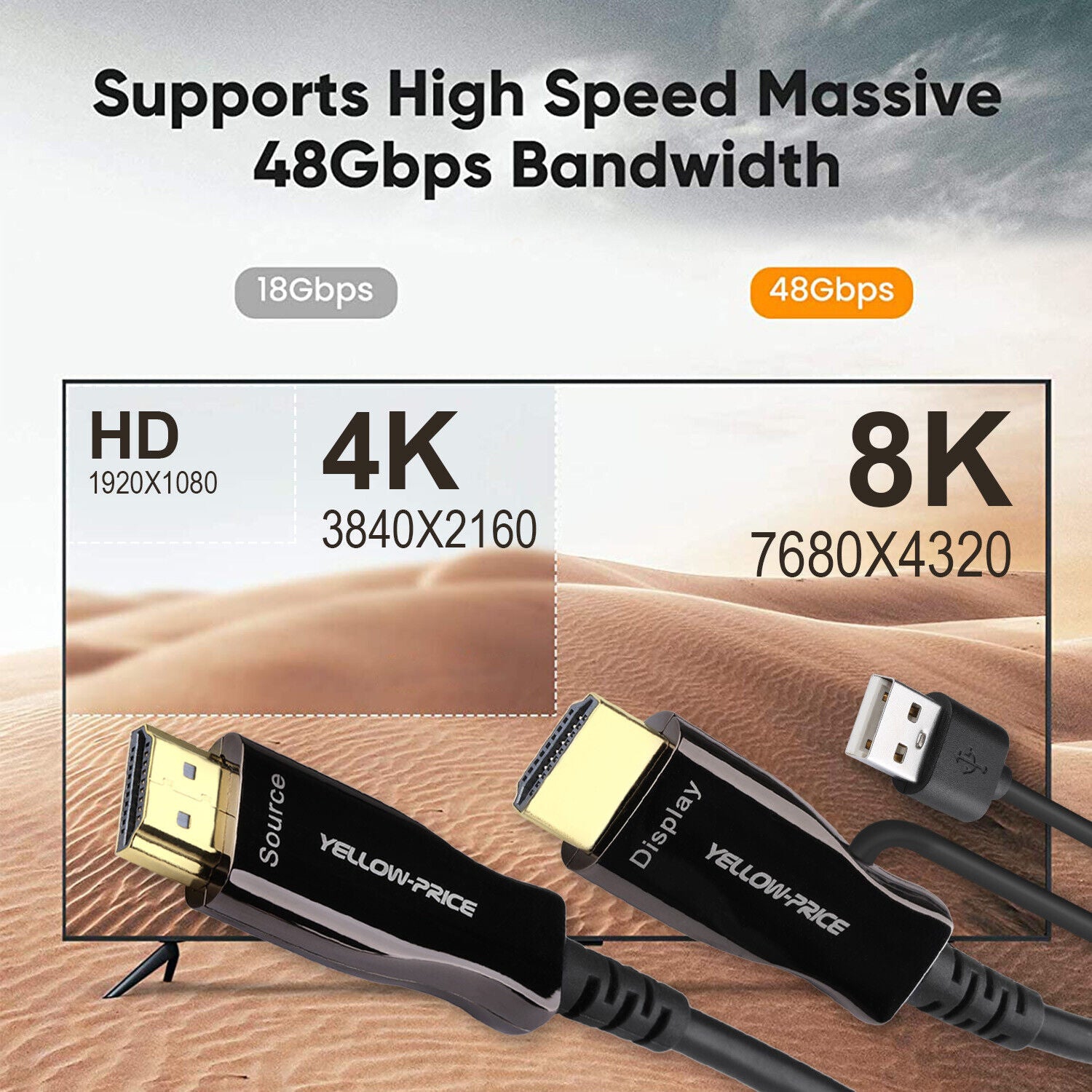 Câble à fibre optique HDMI véritable 8K à 120 Hz de 15 à 66 pi, câble HDMI 2.1 haute vitesse de 48 Gb/s