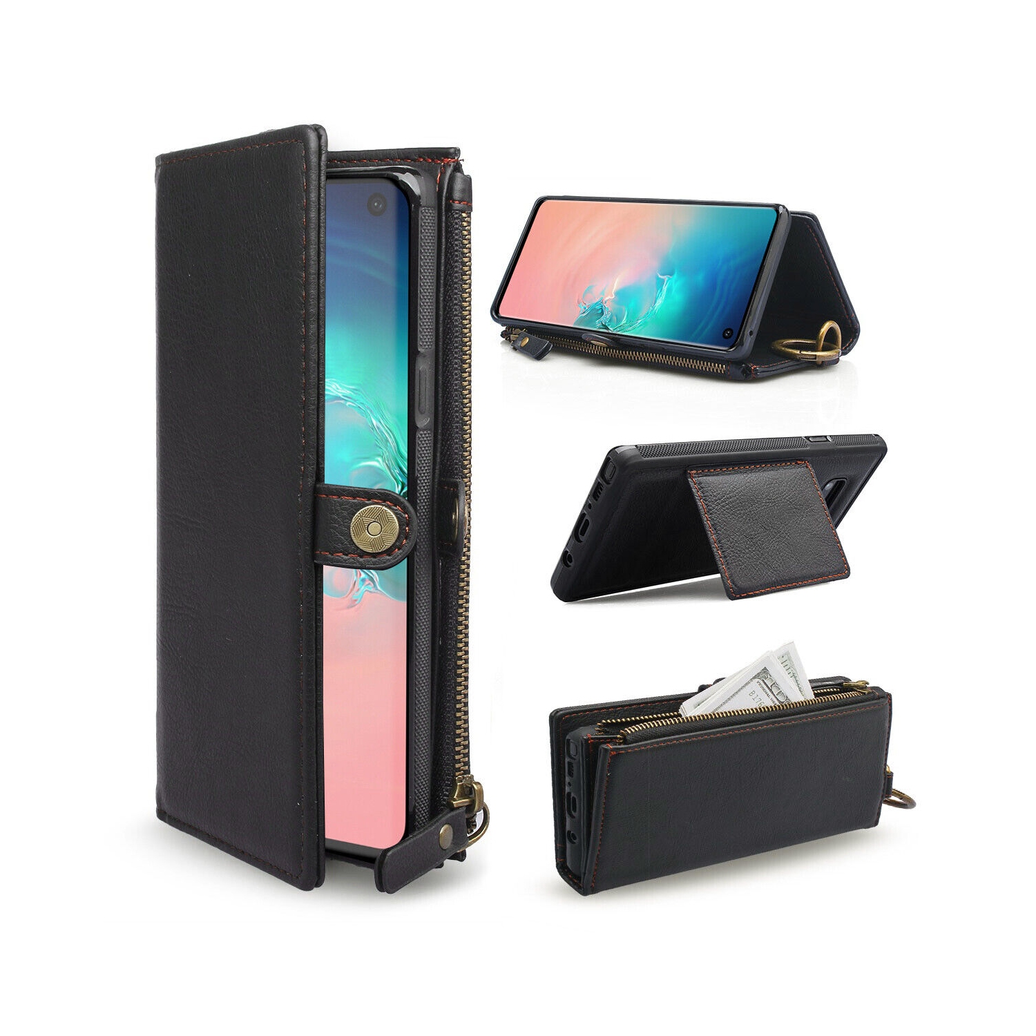 Vintage Leather Wallet Case & 2.5D HD Tempered Glass for Galaxy S10 S10+ S10e