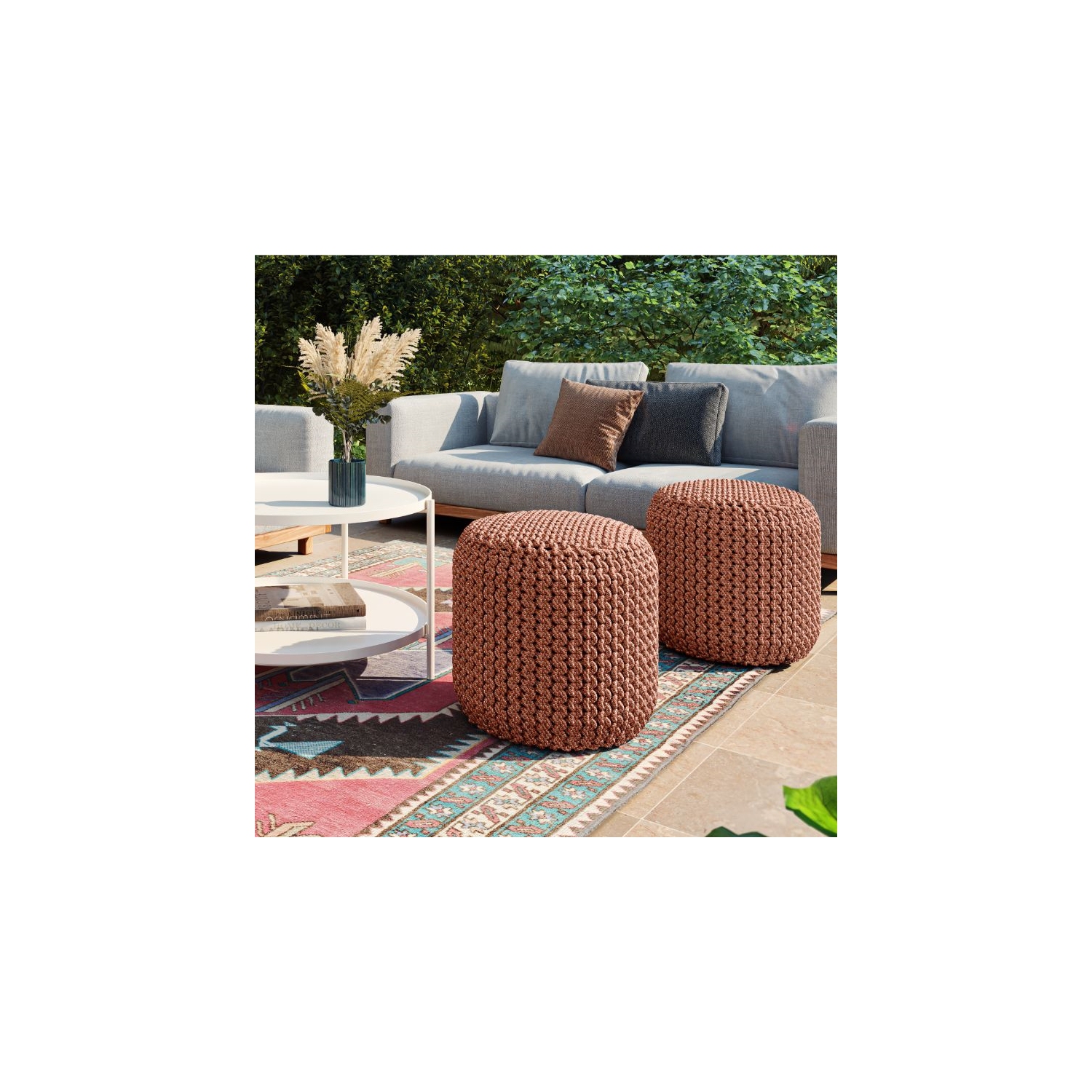 Pemberly Row Traditional Boho Round Fabric Knitted Pouf in Orange