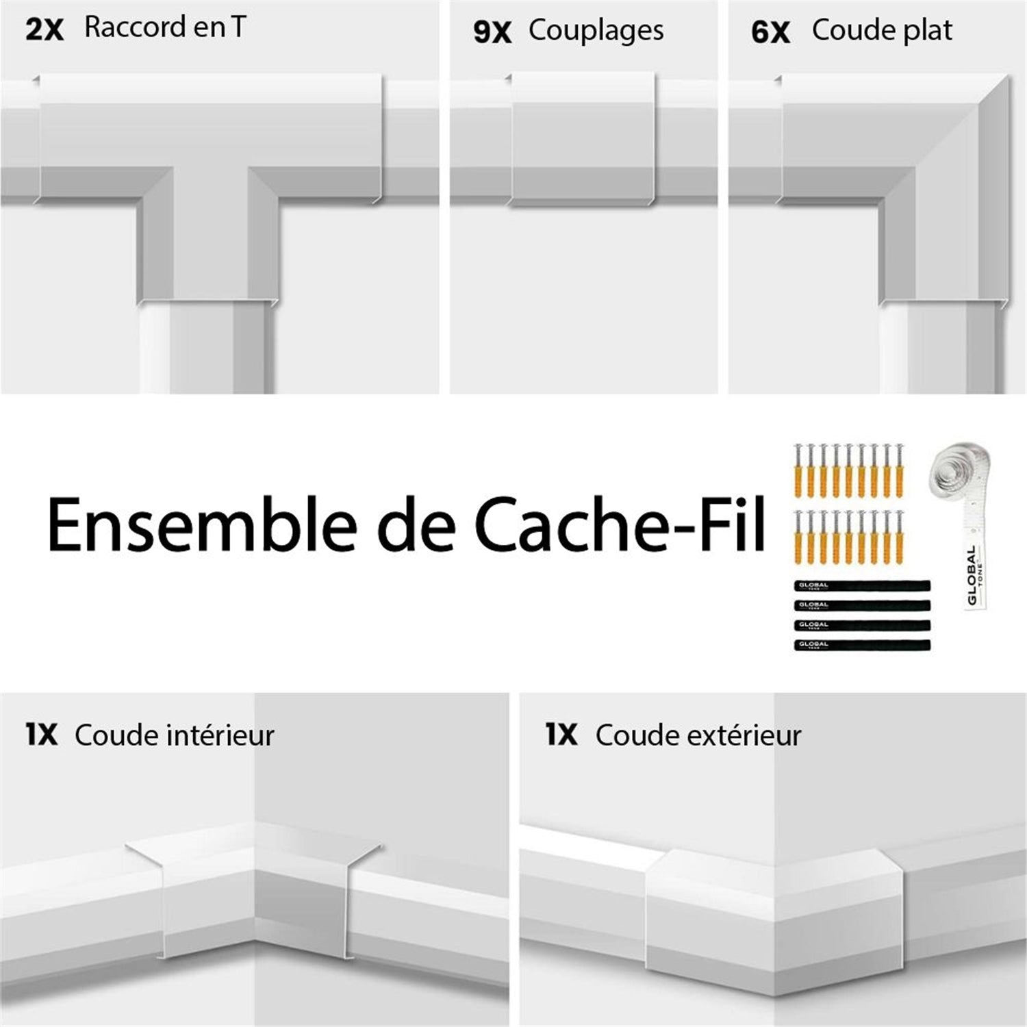 GlobalTone - Ensemble de Cache-fil Mural, Longeur de 150 Pouces, Peinturable, Blanc Mat