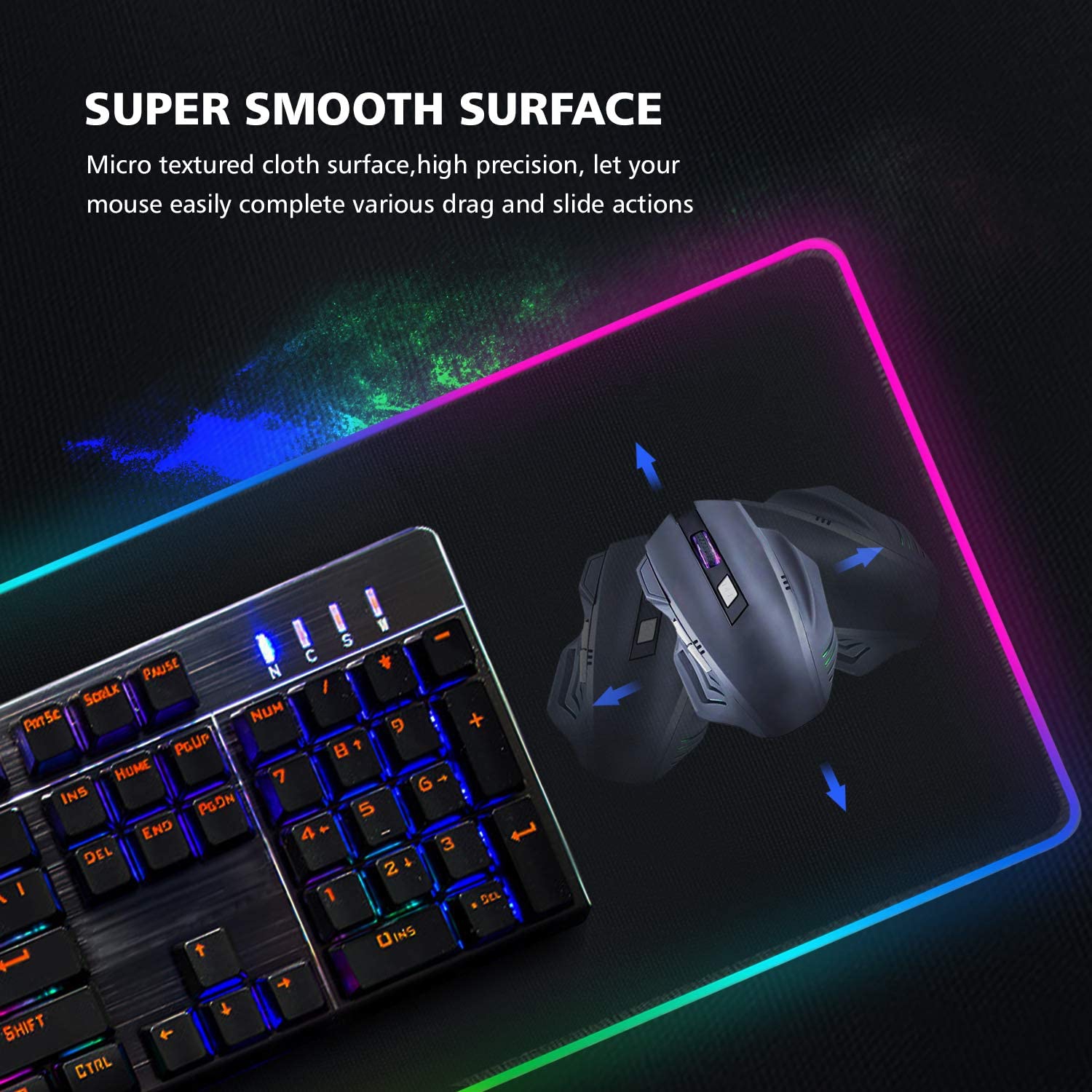 RGB Gaming Mouse Pad, XX-Large Extended Mouse Mat, Thick and Foldable Mat with anti-fray stitched edges for keyboard and even smoother operation.