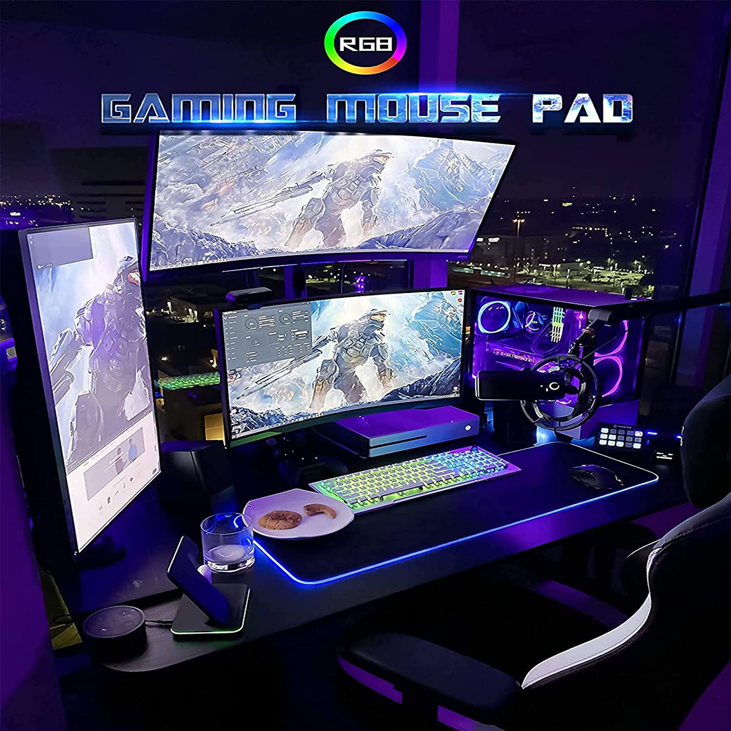 Tapis de souris de jeu RVB avec 14 modes d’éclairage, ports USB, base antidérapante en caoutchouc et tapis de clavier d’ordinateur