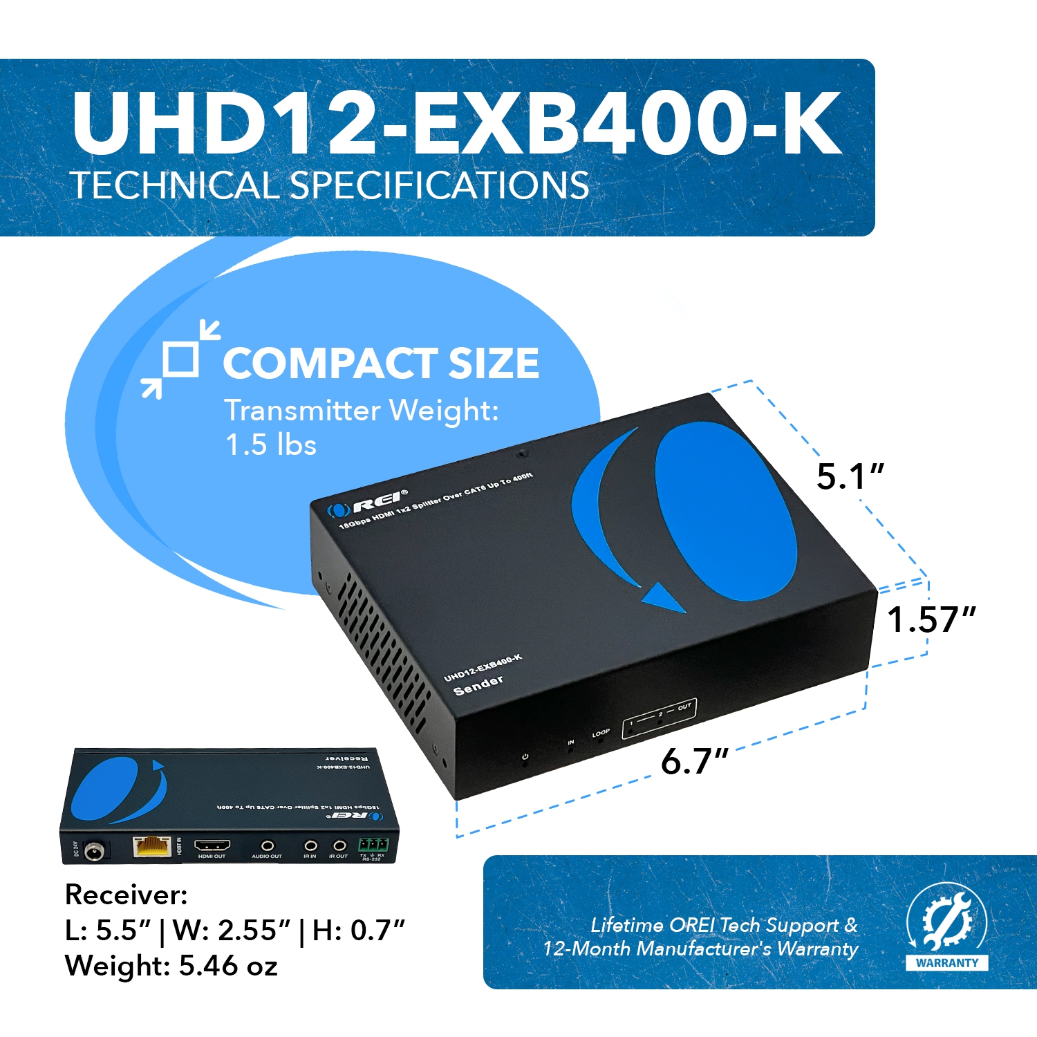 4K UltraHD 1x2 HDMI Extender Splitter Over CAT6/7 Up To 400 Ft With HDBaseT, EDID, Bi-Directional IR