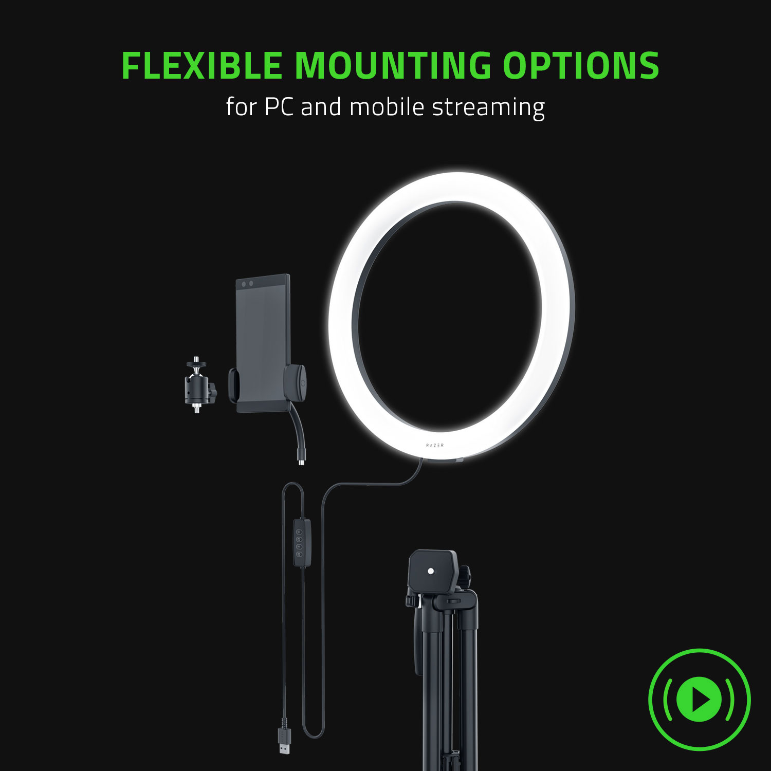 Razer 12" USB LED Ring Light for PC and Mobile Streaming - Black - English