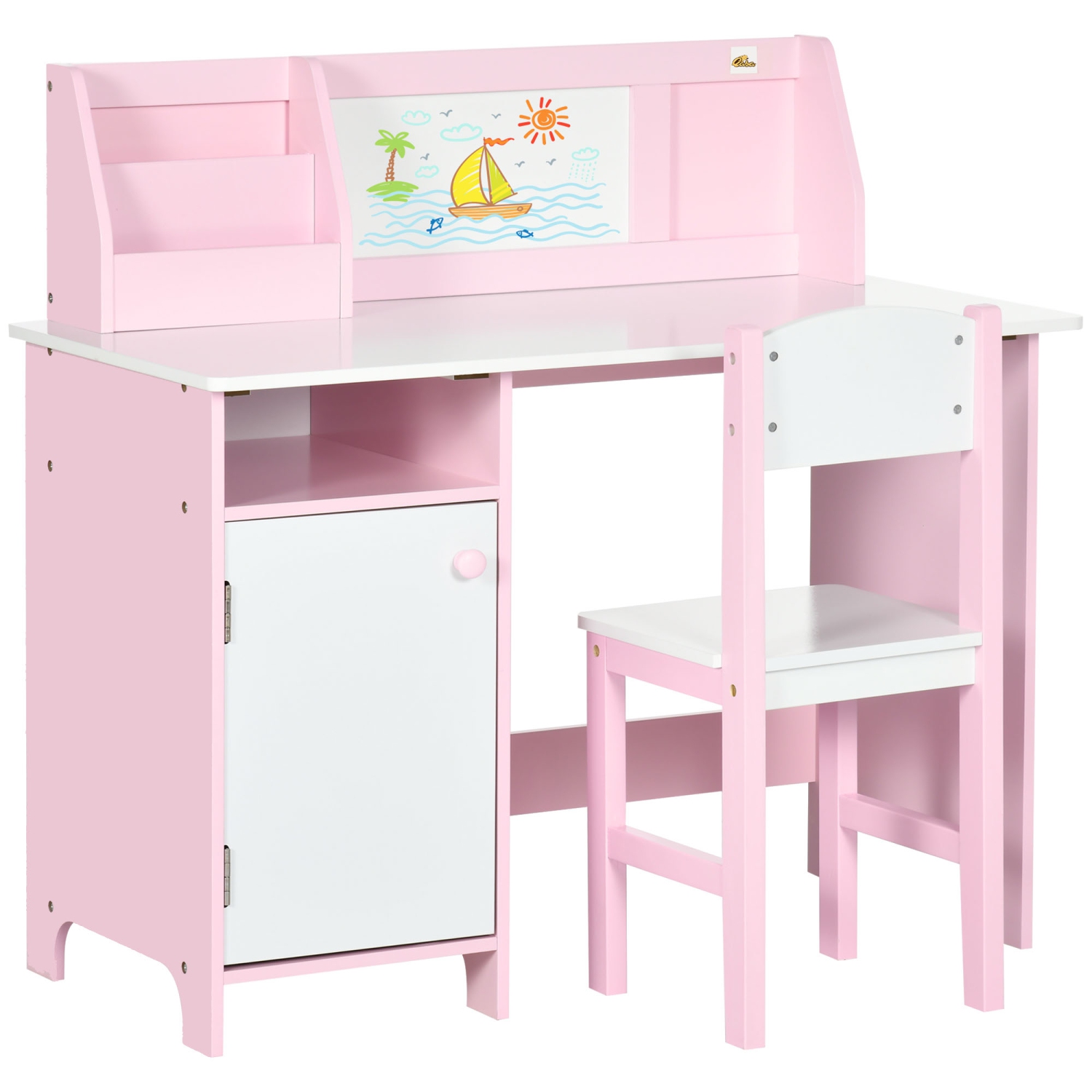 Qaba Kids Desk and Chair Set with Whiteboard, 2 Pieces Kids Study Table and Chair Set, Multi-Usage School Desk Furniture with Storage and Shelves, Computer Homework Art, Pink