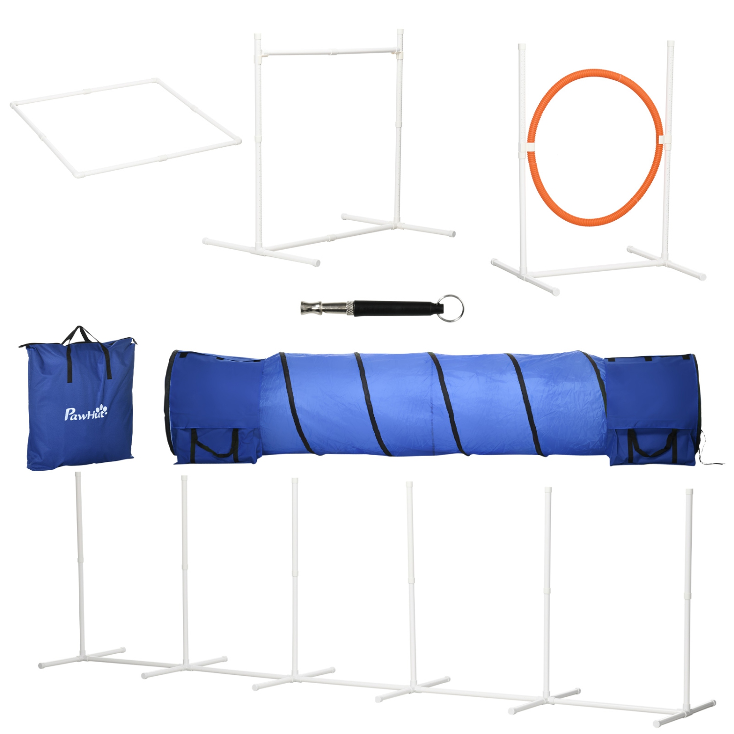 PawHut 5Pcs Dog Agility Training Equipment with 8.7KG Net Weight, Pet Agility Set with Tunnels, Adjustable Jump Ring, Jumper, Weave Poles, Square