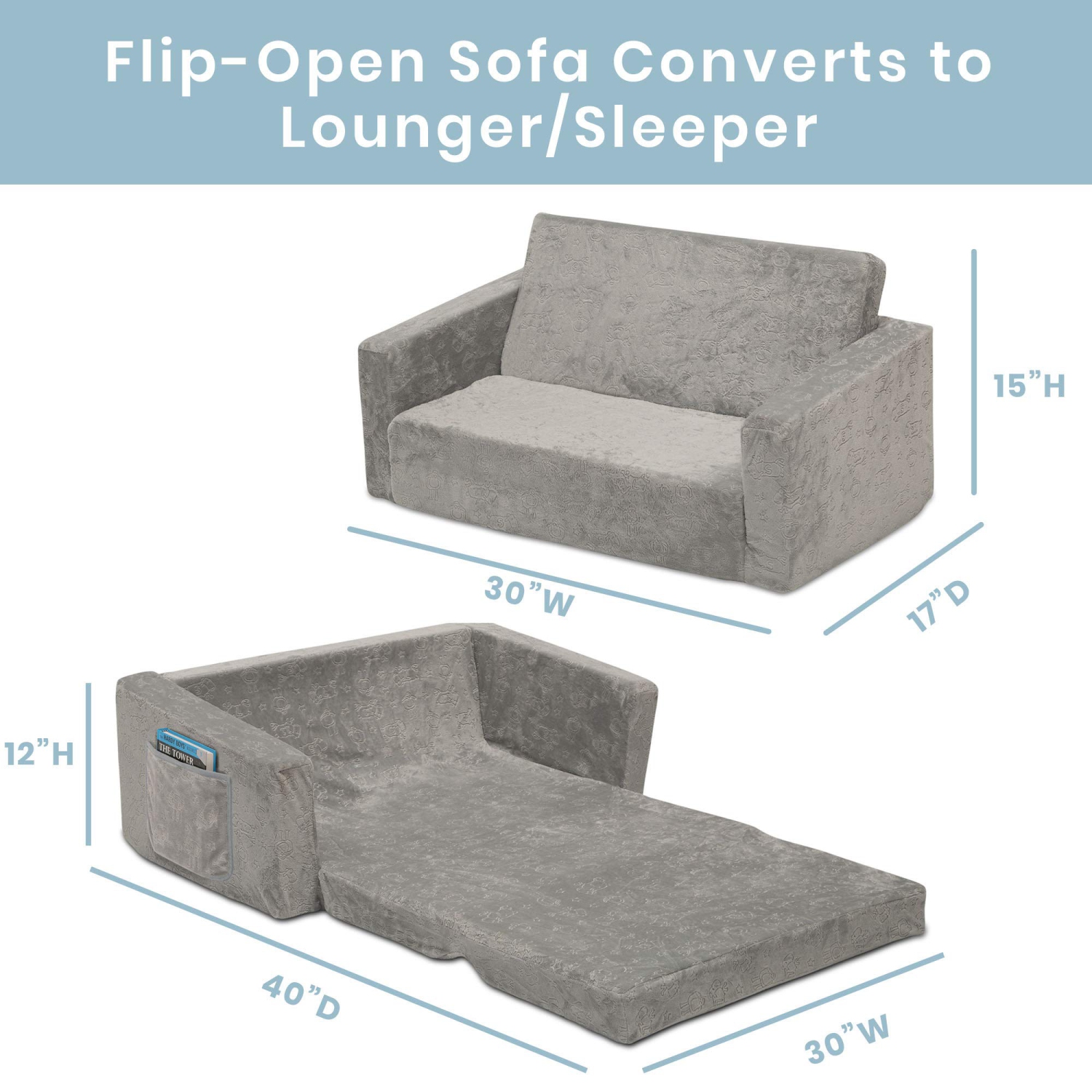 Furniture One Comfy 2-in-1 Flip Open Couch for Kids, Grey