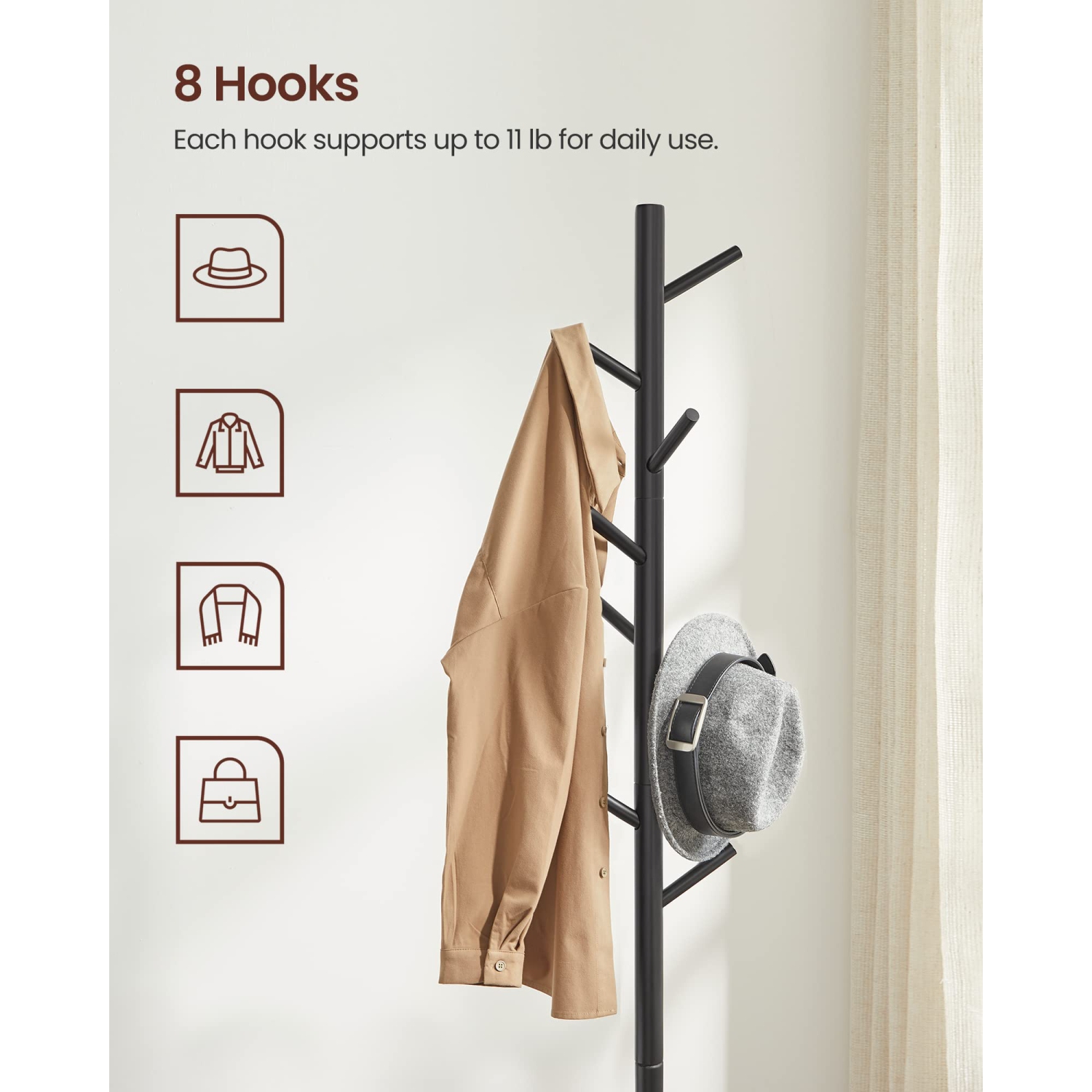 Furniture One Solid Wood Coat Stand with 8 Hooks Black