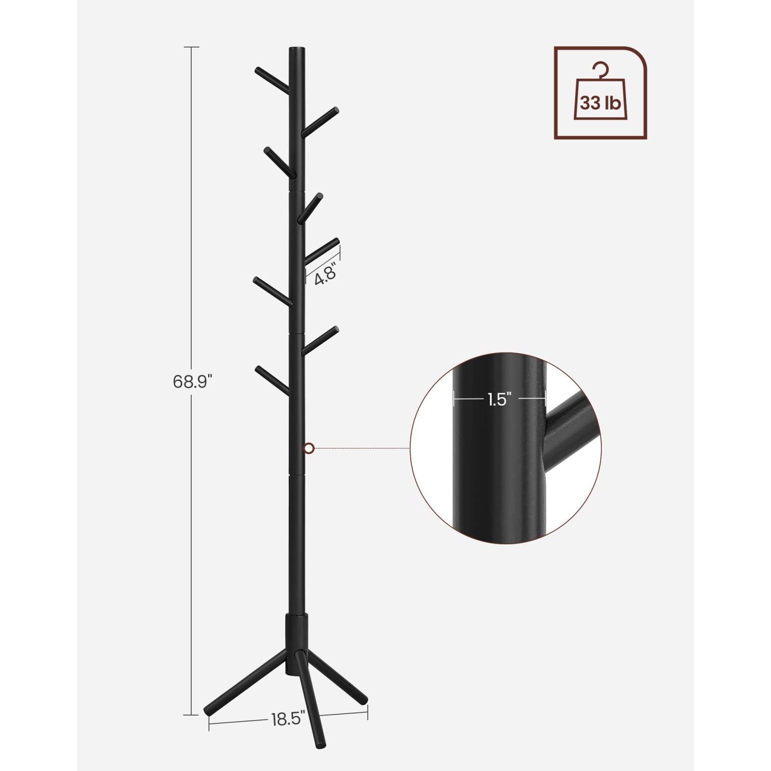 Furniture One Solid Wood Coat Stand with 8 Hooks Black