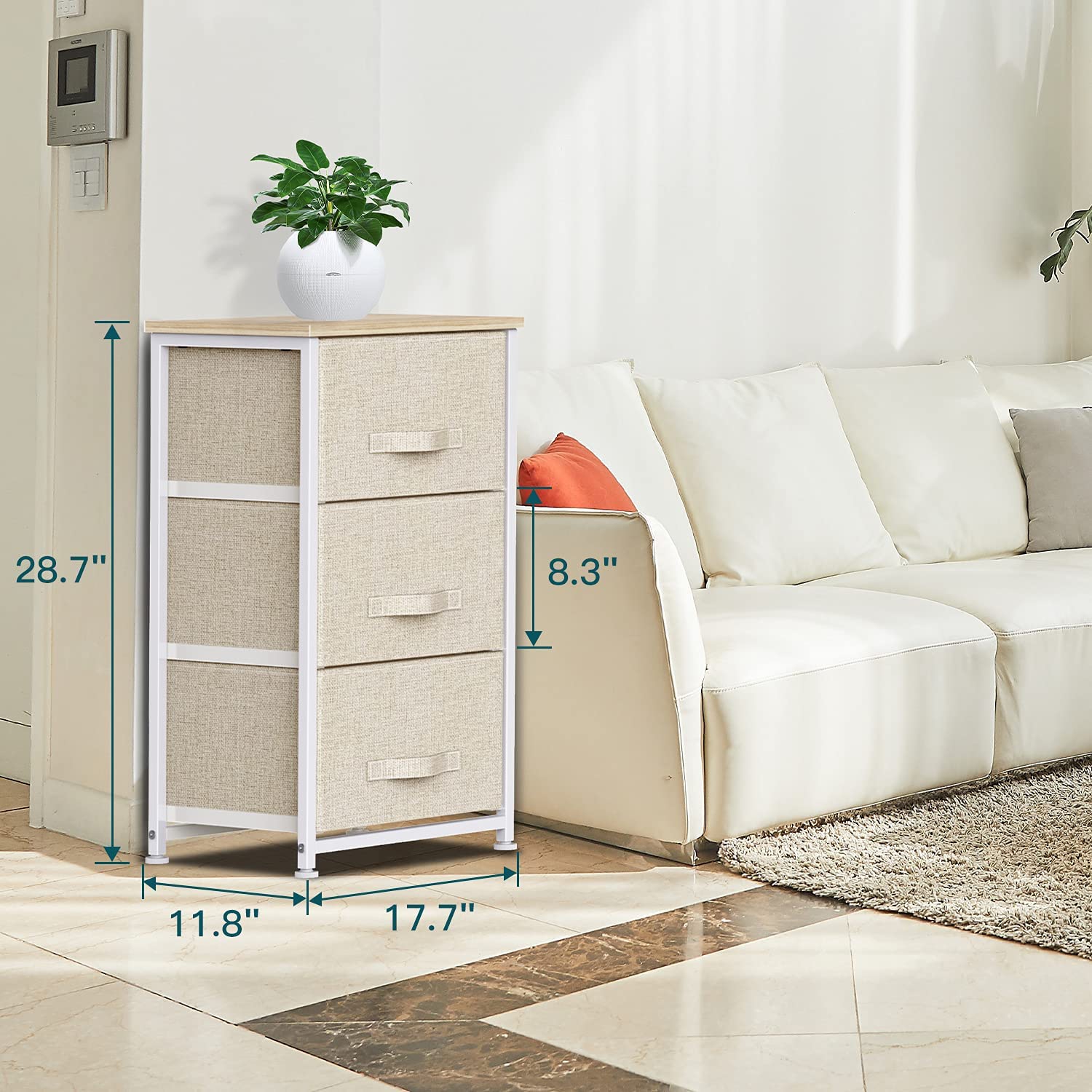 Meuble 1 commode en tissu à 3 tiroirs beige