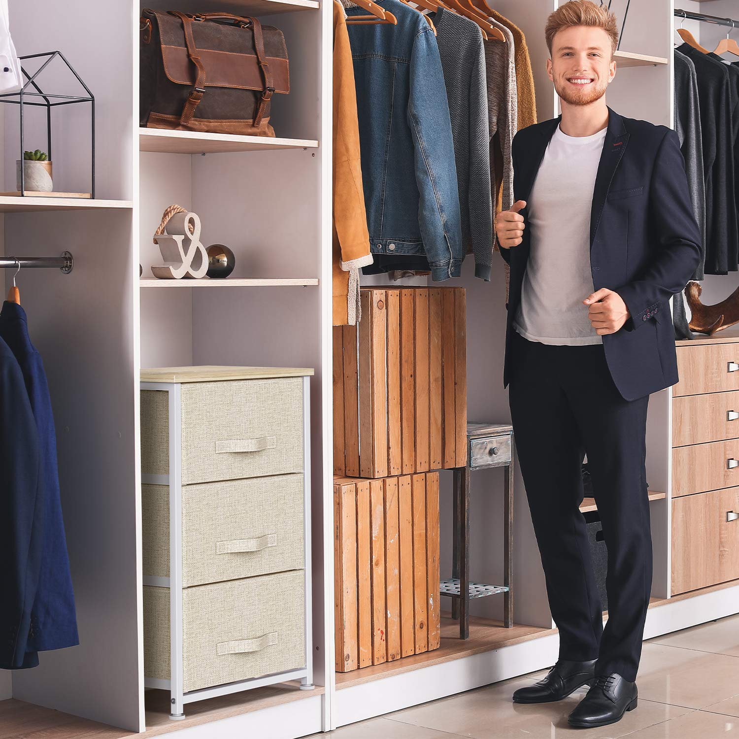 Meuble 1 commode en tissu à 3 tiroirs beige