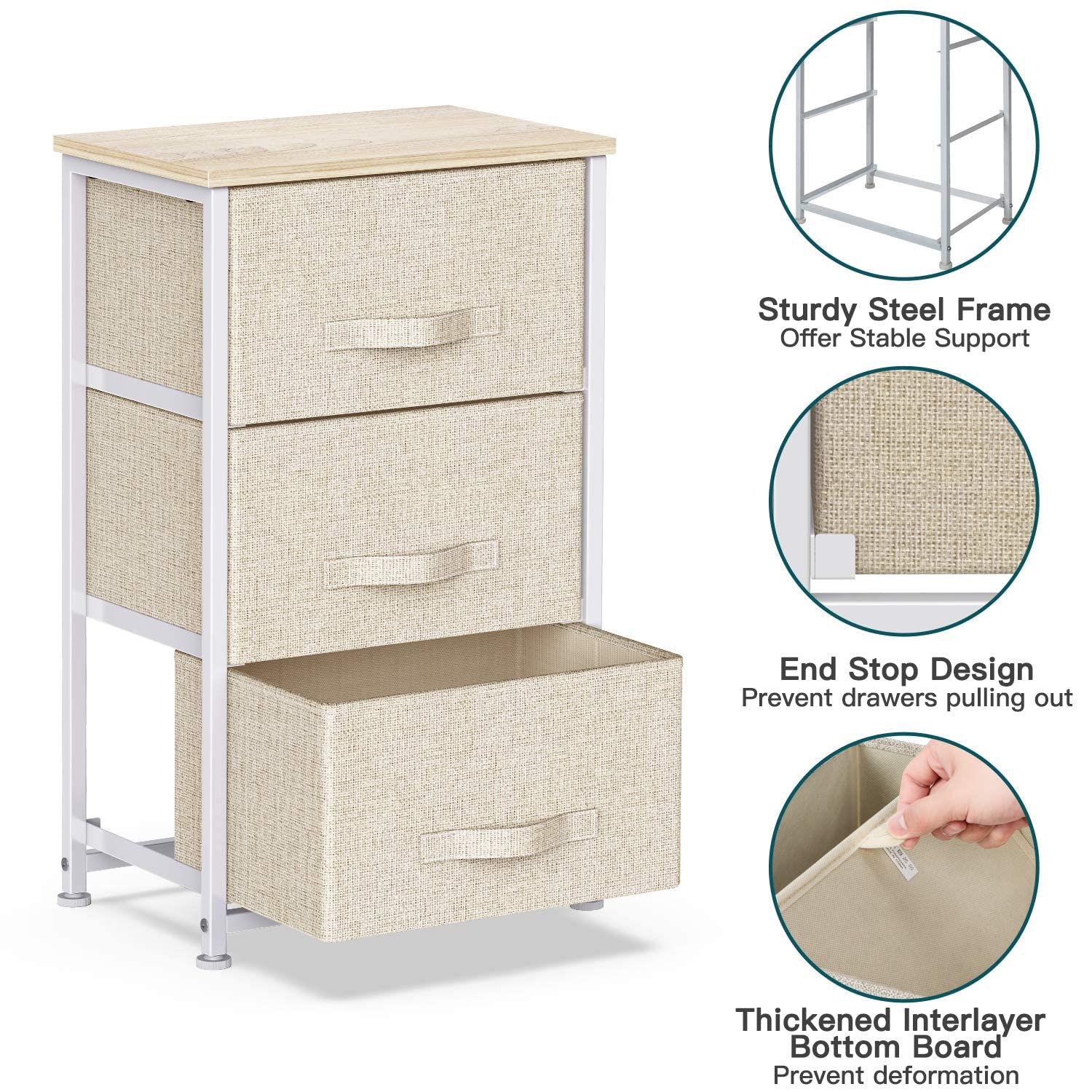 Meuble 1 commode en tissu à 3 tiroirs beige