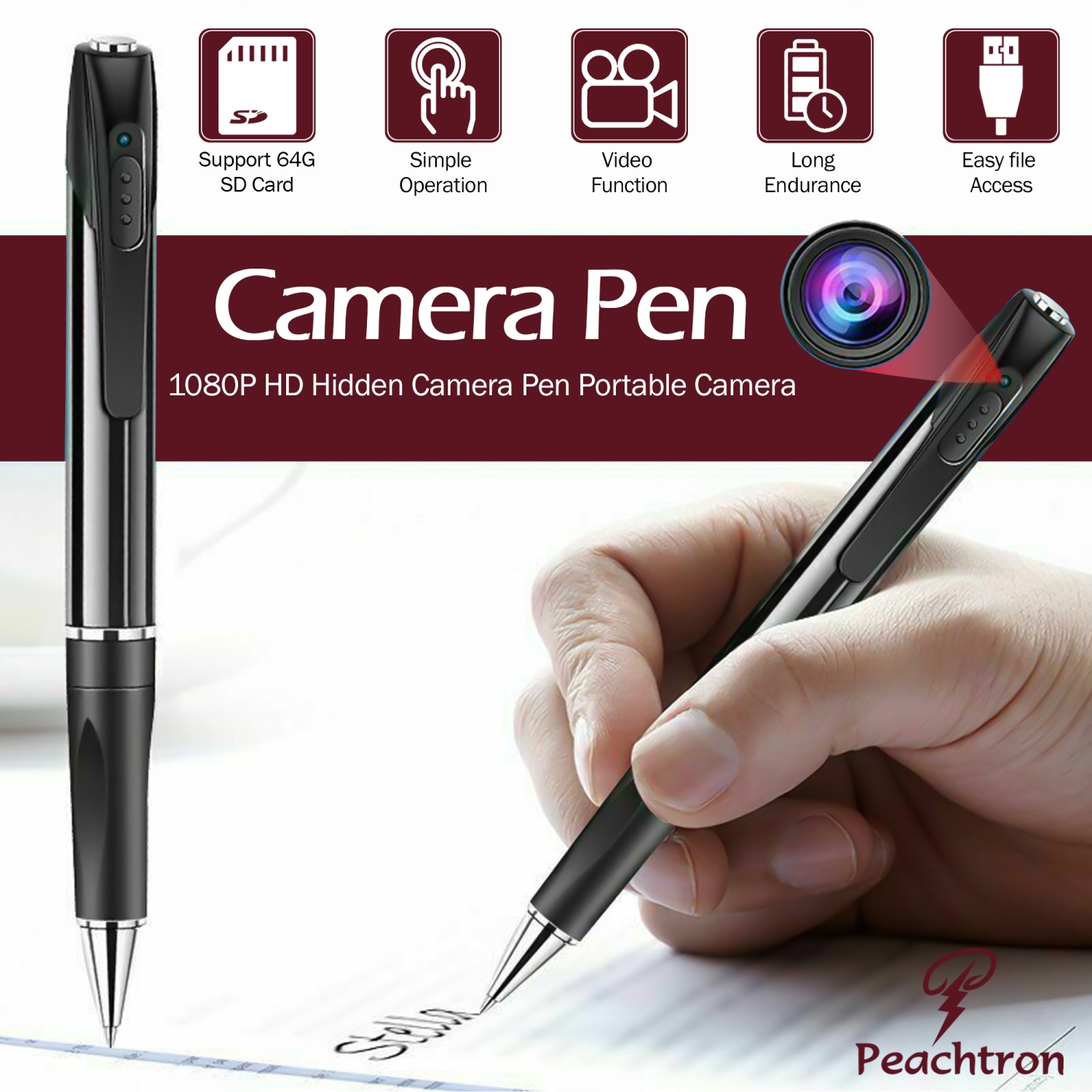 PEACHTRON Portable 1080P Camera Pen with 64GB SD Card
