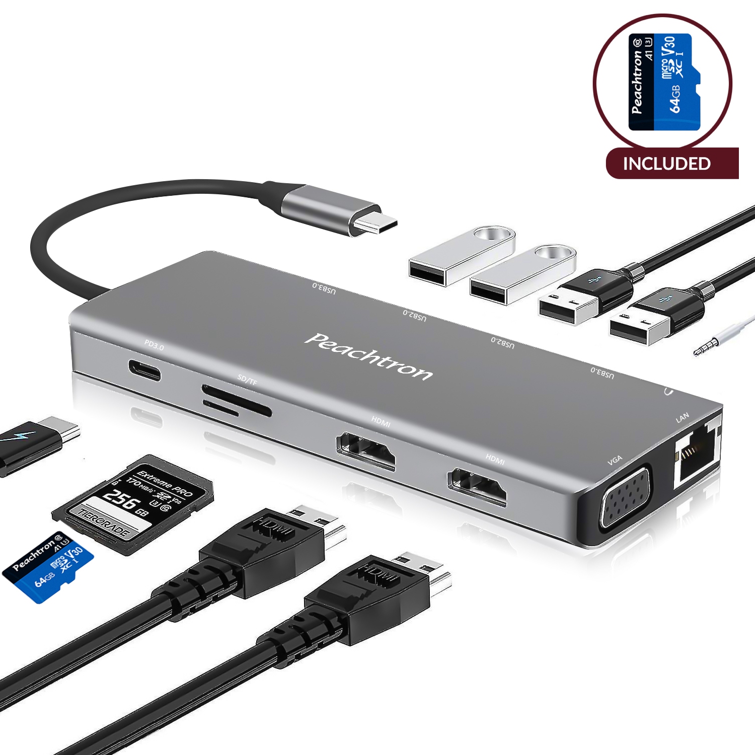 PEACHTRON 12 in 1 USB C Hub Docking Station with 64GB SD Card