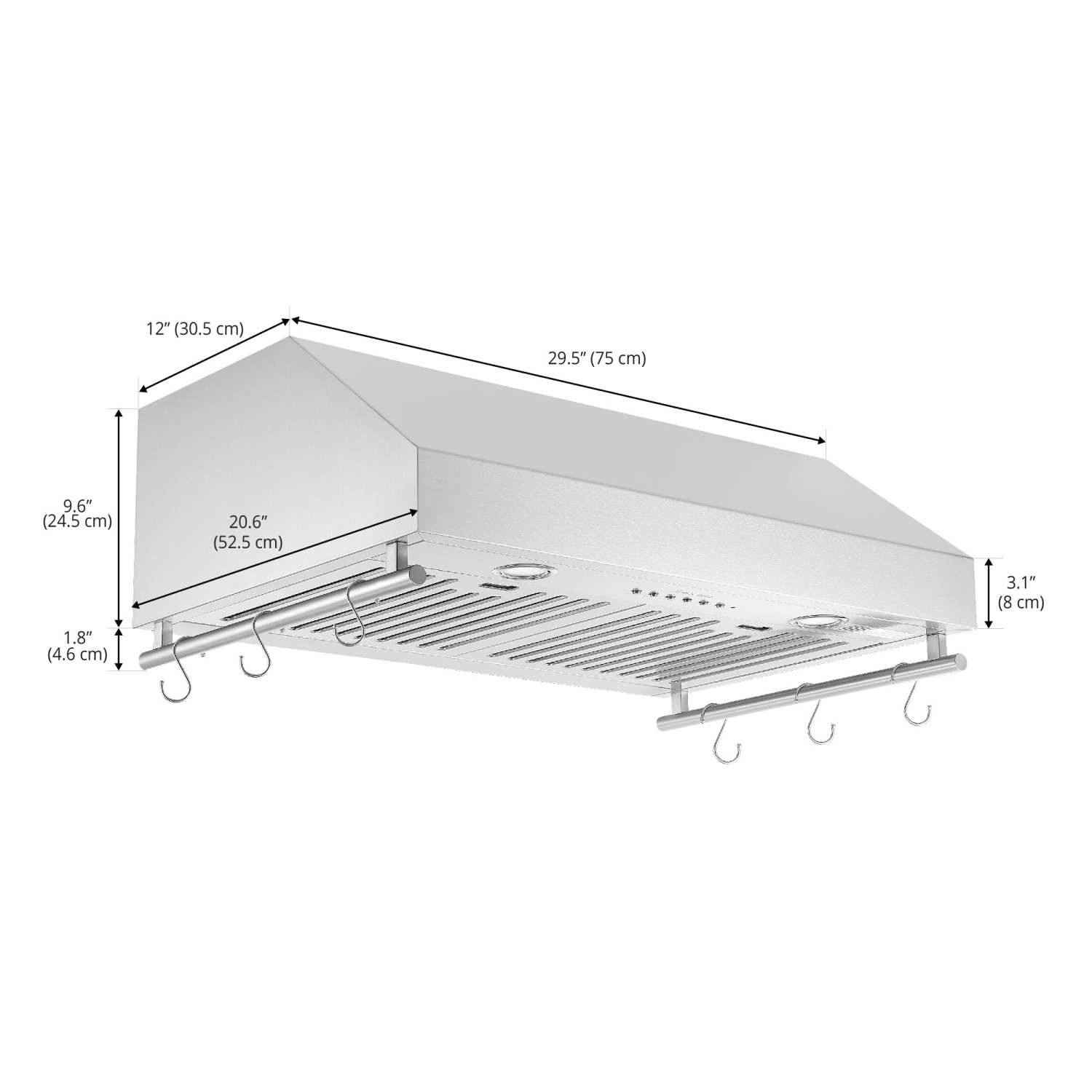 Ancona 30” 450 CFM Under Cabinet Range Hood with Auto Night Light and Utensil Bars in Stainless Steel
