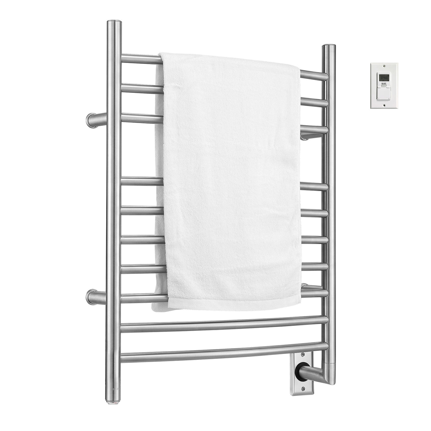 Ancona porte-serviettes chauffant à fixation murale à 10 barres Comfort en acier inoxydable brossé avec minuterie murale